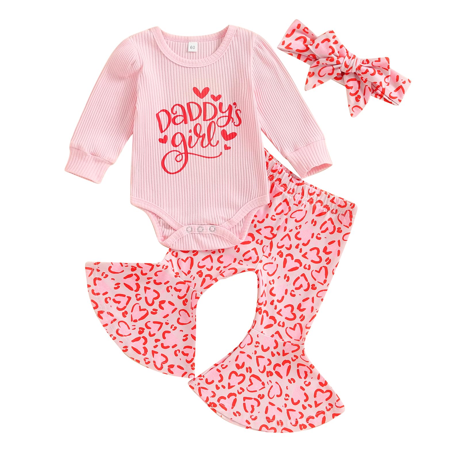 Meihuida Baby Girls Valentines Day Outfit Newborn Infant Long Sleeve Romper Heart Bell Bottoms Headband Red 0-3 Months