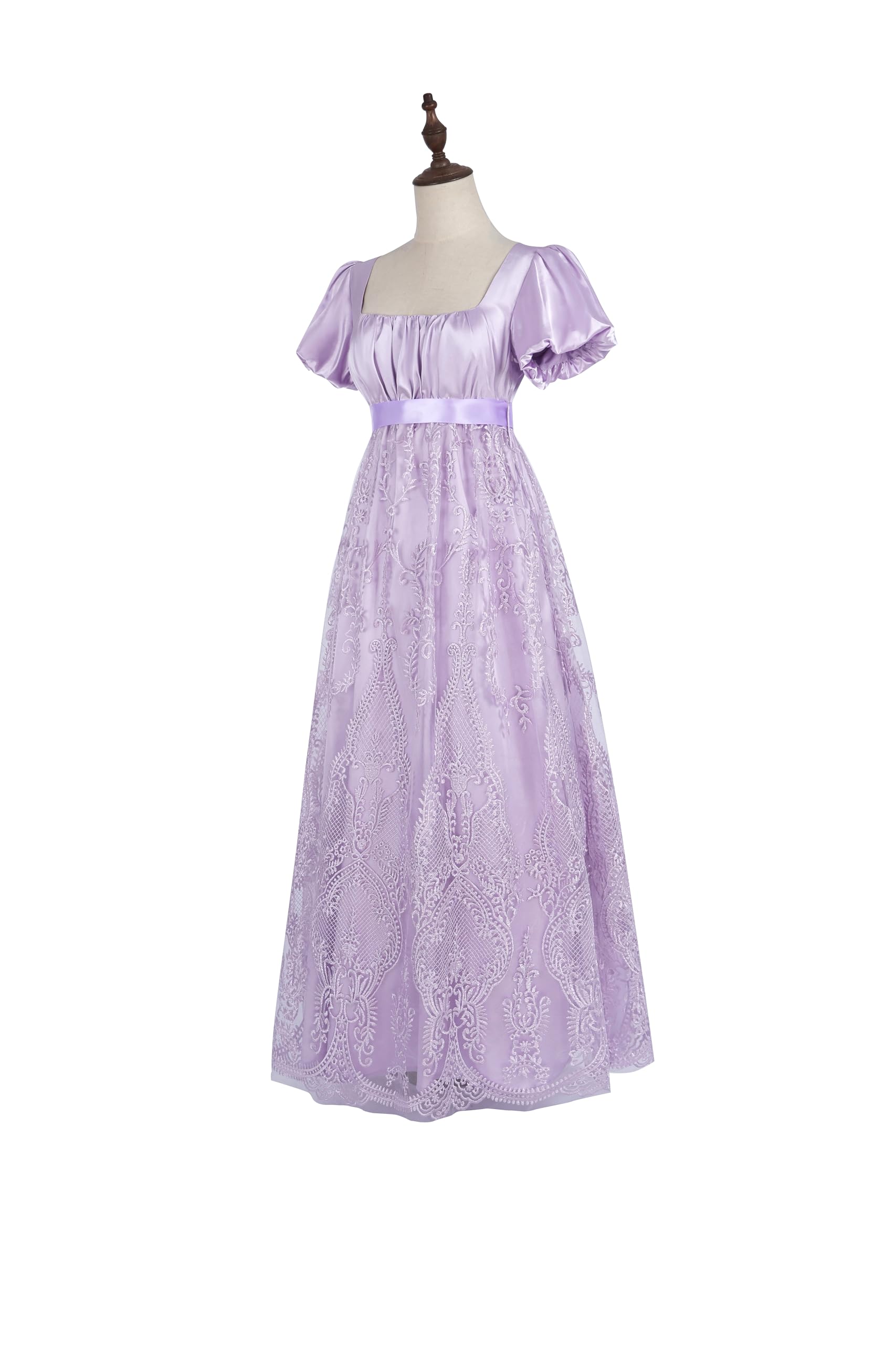 Abito da donna Regency con maniche a sbuffo, stile impero, vintage vittoriano, con ricamo a rete, abito da tè con guanti