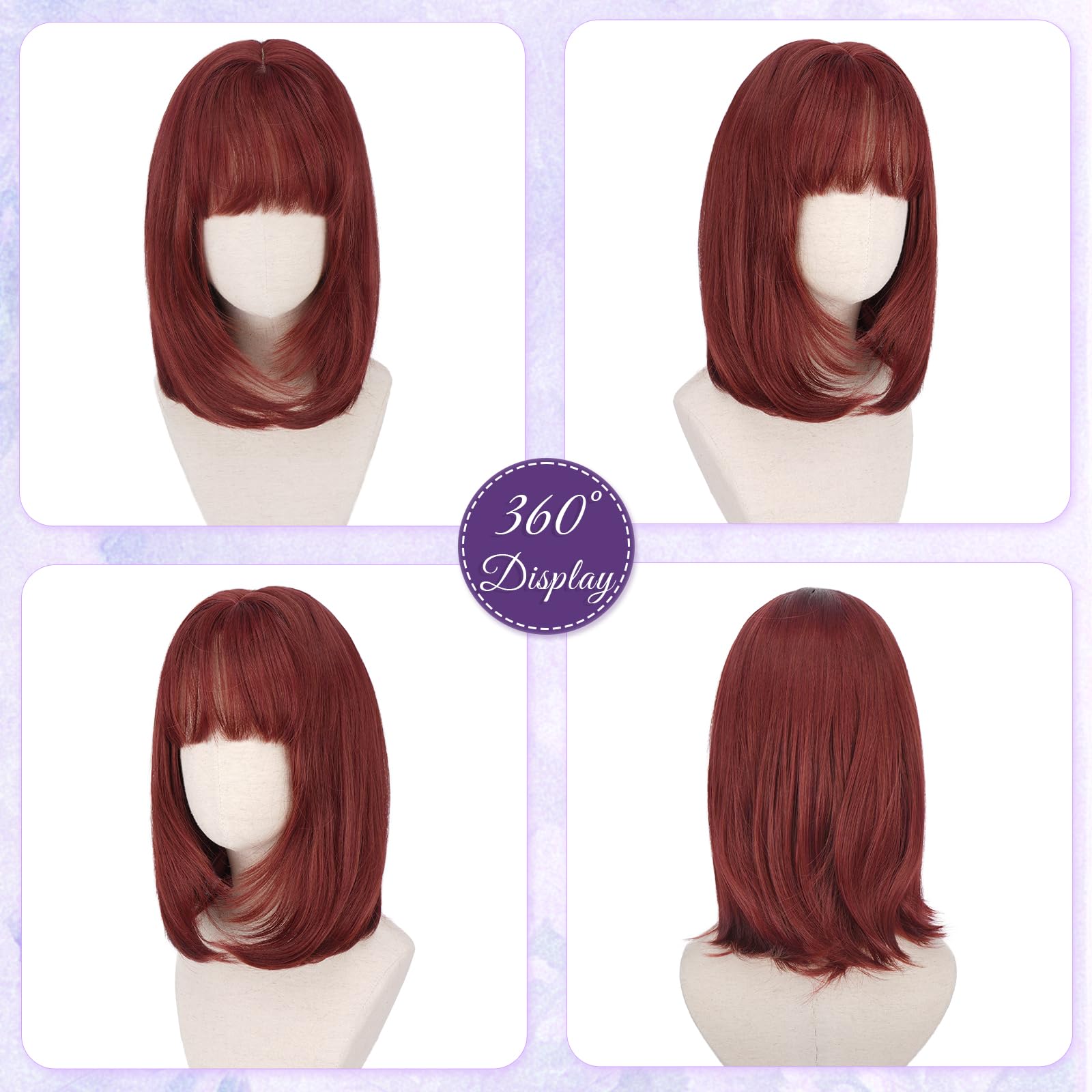RUWISS Corta Rectas Bob Pelucas con Flequillo, 35 cm Rojo Cobrizo Bob Peluca Clásica y Versátil para Mujer Pelucas de Pelo Sintético en Capas para Uso Diario Cosplay Fiestas en Festival de Música