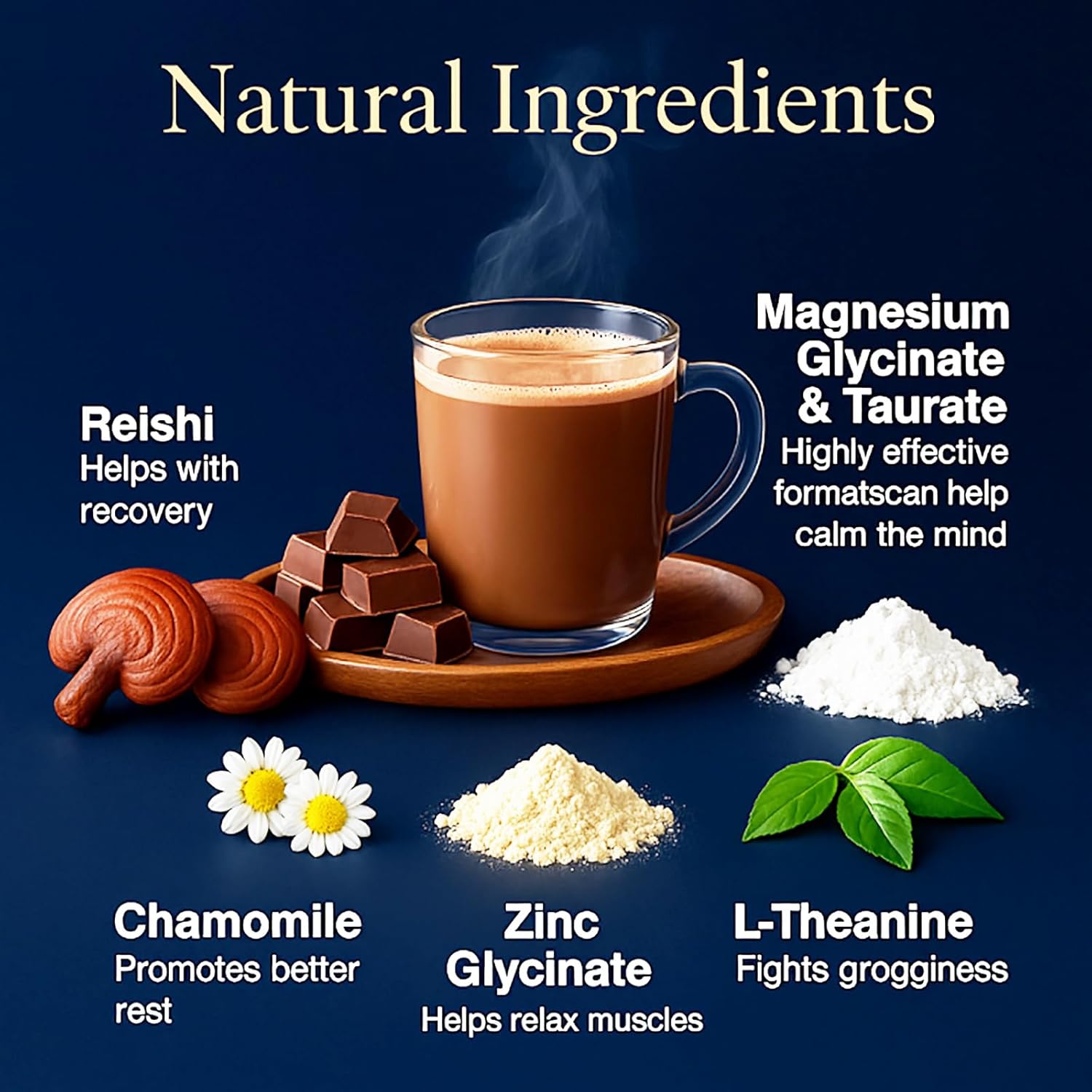 Magnesium Hot Cocoa Jar – Melatonin-Free Natural Sleep, Hot Chocolate Powder for Adults with Reishi Mushroom, L-Theanine, Chamomile & Zinc Glycinate, 25 Servings