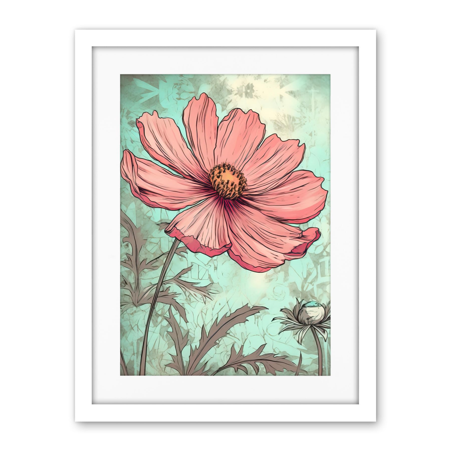 Artery8 Cosmos Flower Bloom Soft Pink and Teal Watercolour Artwork Framed Wall Art Print 18X24 Inch