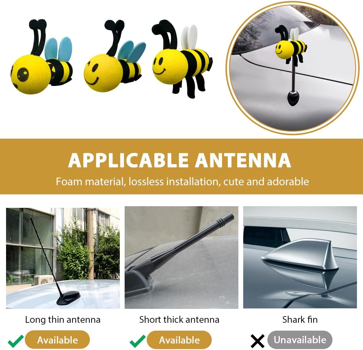 Bee Car Antenna Topper, Happy Smiley Bee Antenna Ball Funny Automotive Roof Decoration, Cute Bumble Bee Aerial Ball Toppers Lovely Auto Accessory for Most Vehicles (White)
