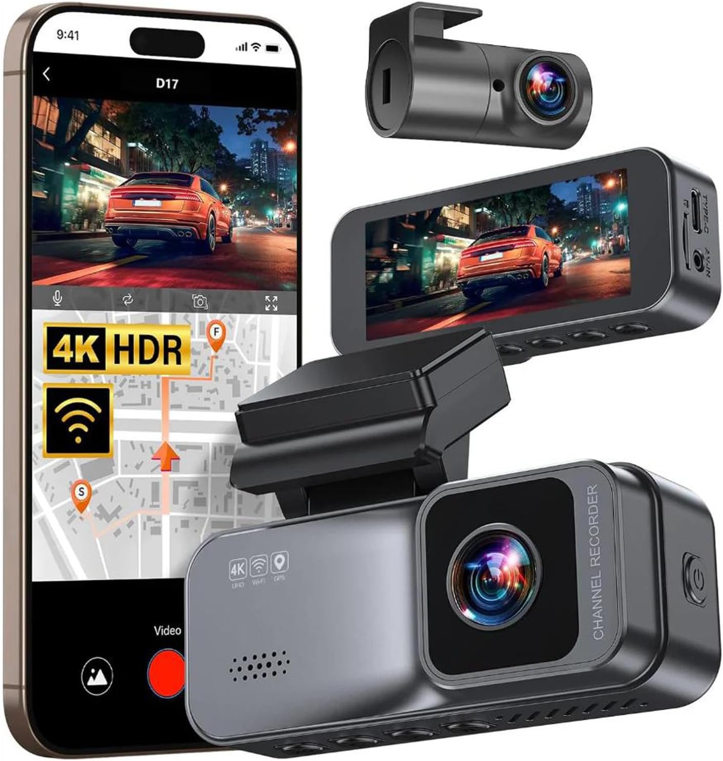 Dashcam Pro - Front & Rear 4K Recorder with 170° Wide Angle, Night Vision, Parking Monitor & Easy 2-Min Install (64G)