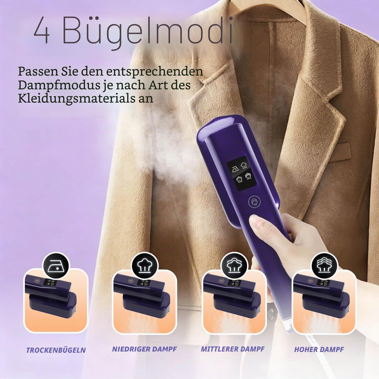 Reise Dampfglätter 1200W, Tragbares Dampfbügeleisen, 2-in-1 Reisebügeleisen | 15S Aufheizzeit, 4 Bügelmodi, LED-Touchscreen, 100ML Wassertank | Steamer Kleidung für Reise, Business und Zuhause（Lila）