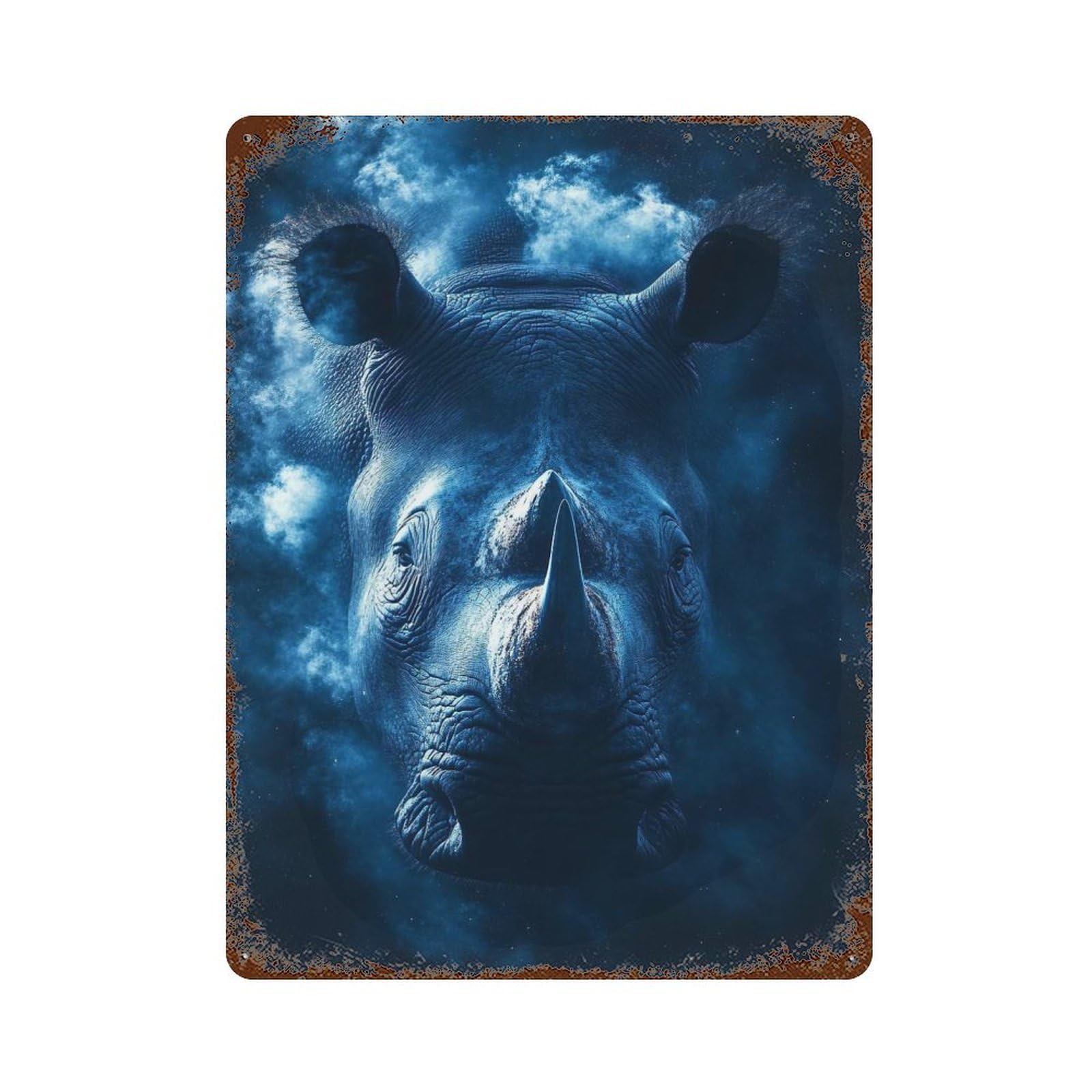 Blue Rhino Portrait with Cloud Background Aged Metal Wall Plaque 15.7"x11.8", Classic Wall Plaque for Garage, Pub Or Kitchen