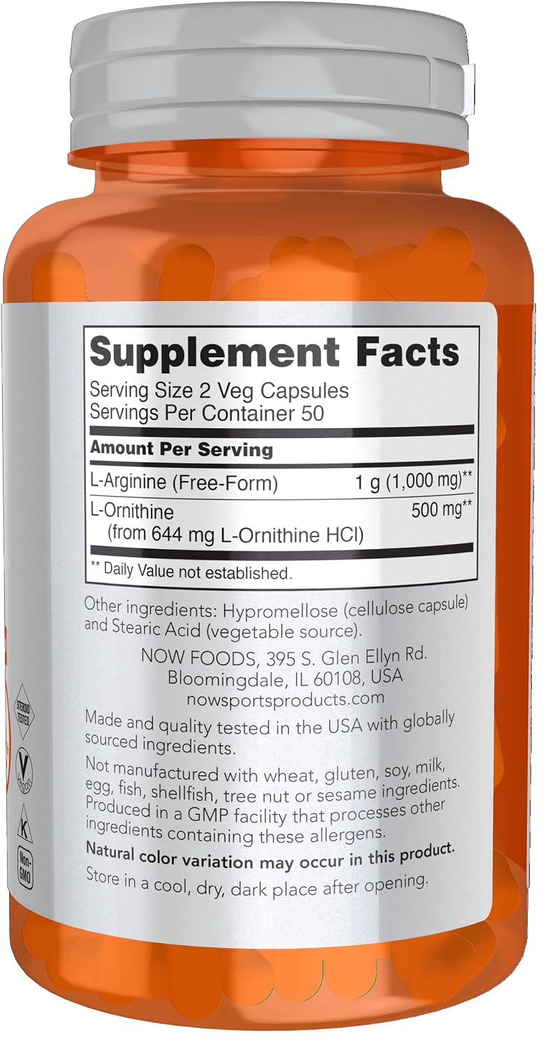 NOW Sports Nutrition, Arginine & Ornithine 500/250 mg, Amino Acids, 100 Veg Capsules