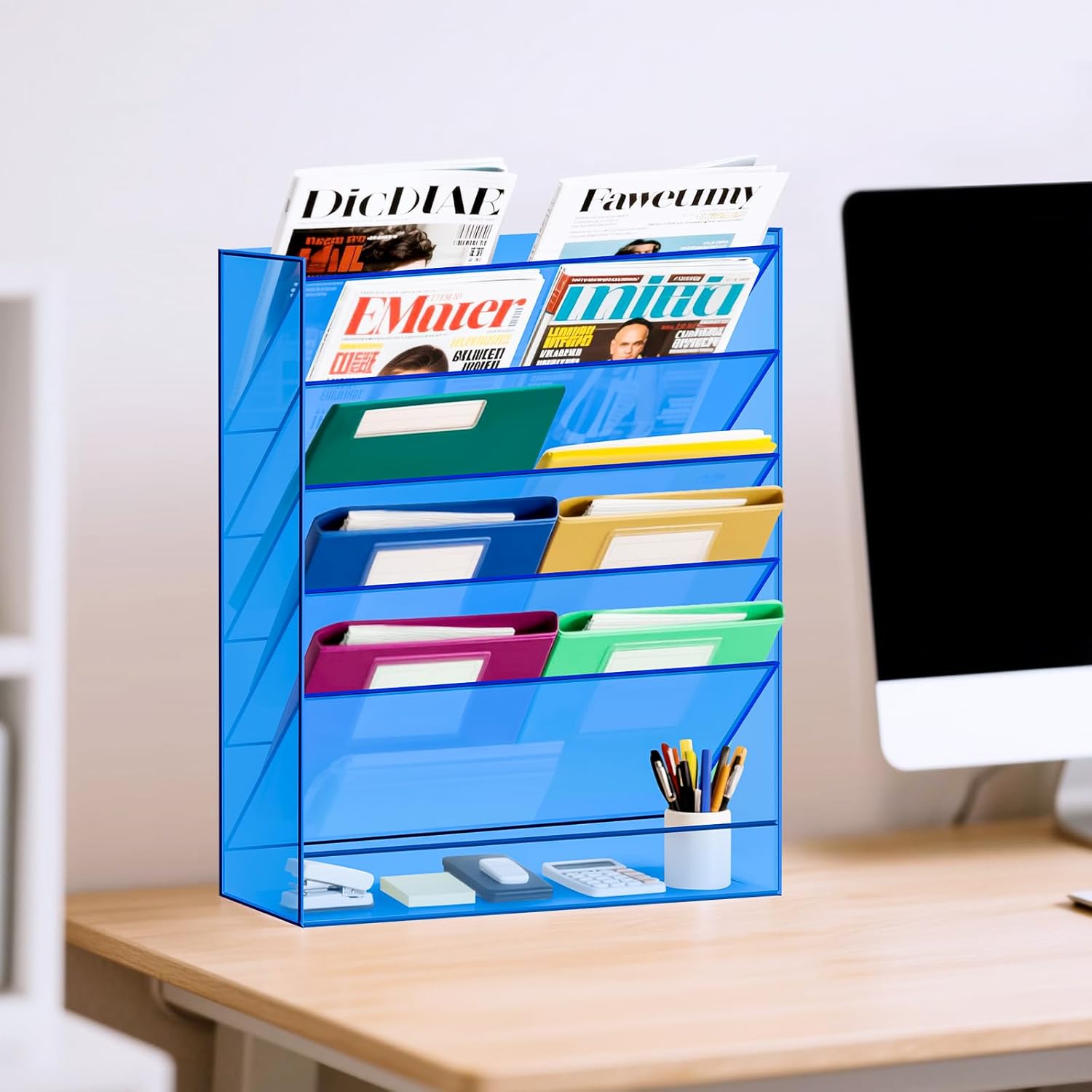Gelite Hanging File Organizer Acrylic Clear Wall File Holder for Office Vertical Paper Organizer Wall Mounted Magazine Rack, 5 Pockets, Blue