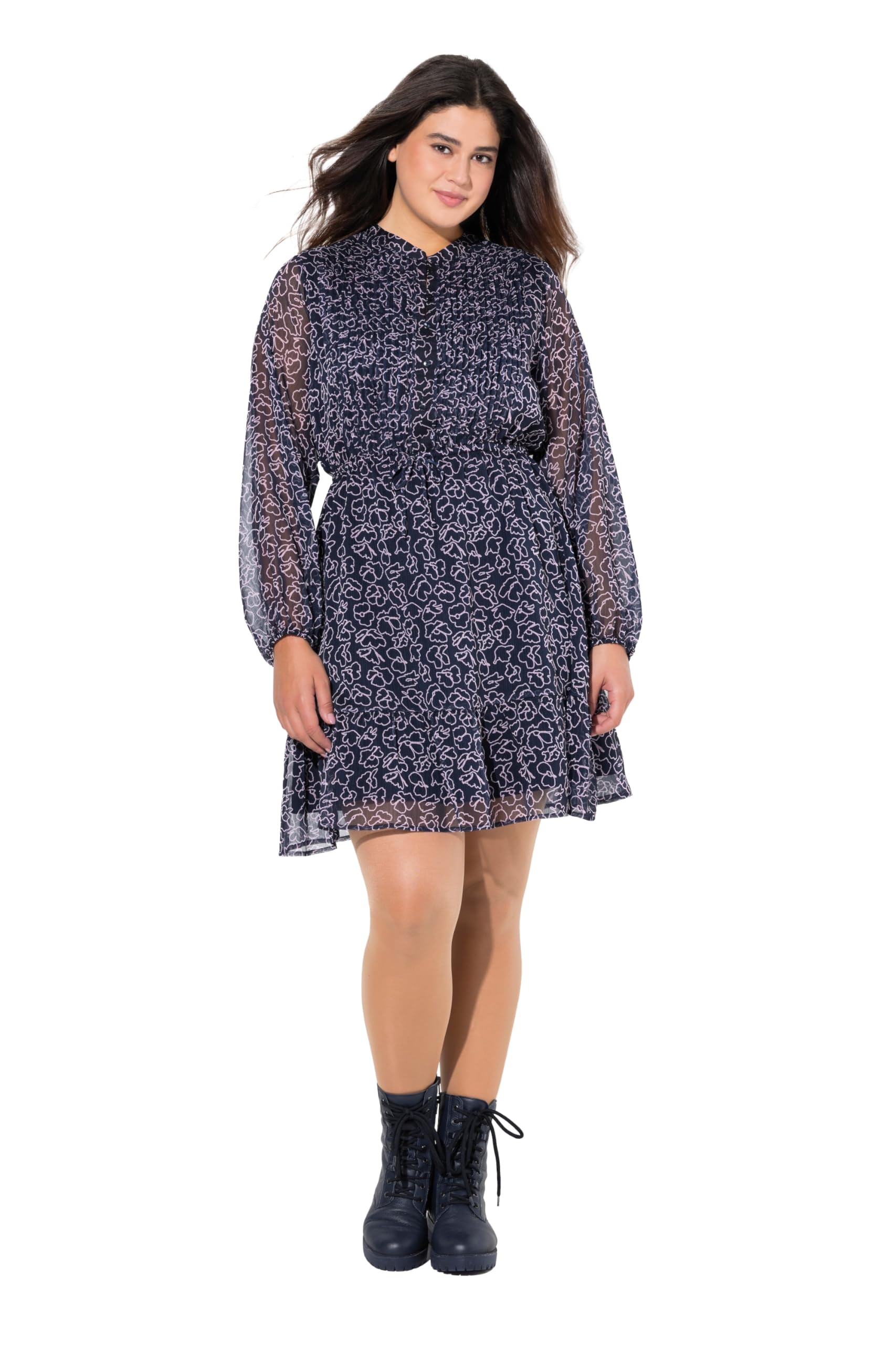 Ulla Popken Damen große Größen Übergrößen Plus Size Kleid, Blüten, A-Linie, Tunika-Ausschnitt, Langarm 834639