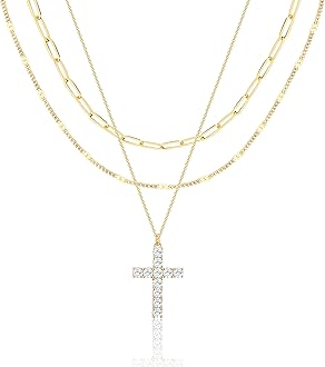 Layered Gold Necklaces for Women, Stackable Dainty 14K Gold Silver Plated Trendy Simple Heart Diamond Cross Bow Circle Pendant Paperclip Choker Dot Chain Necklace,Jewelry Set Gifts for Women
