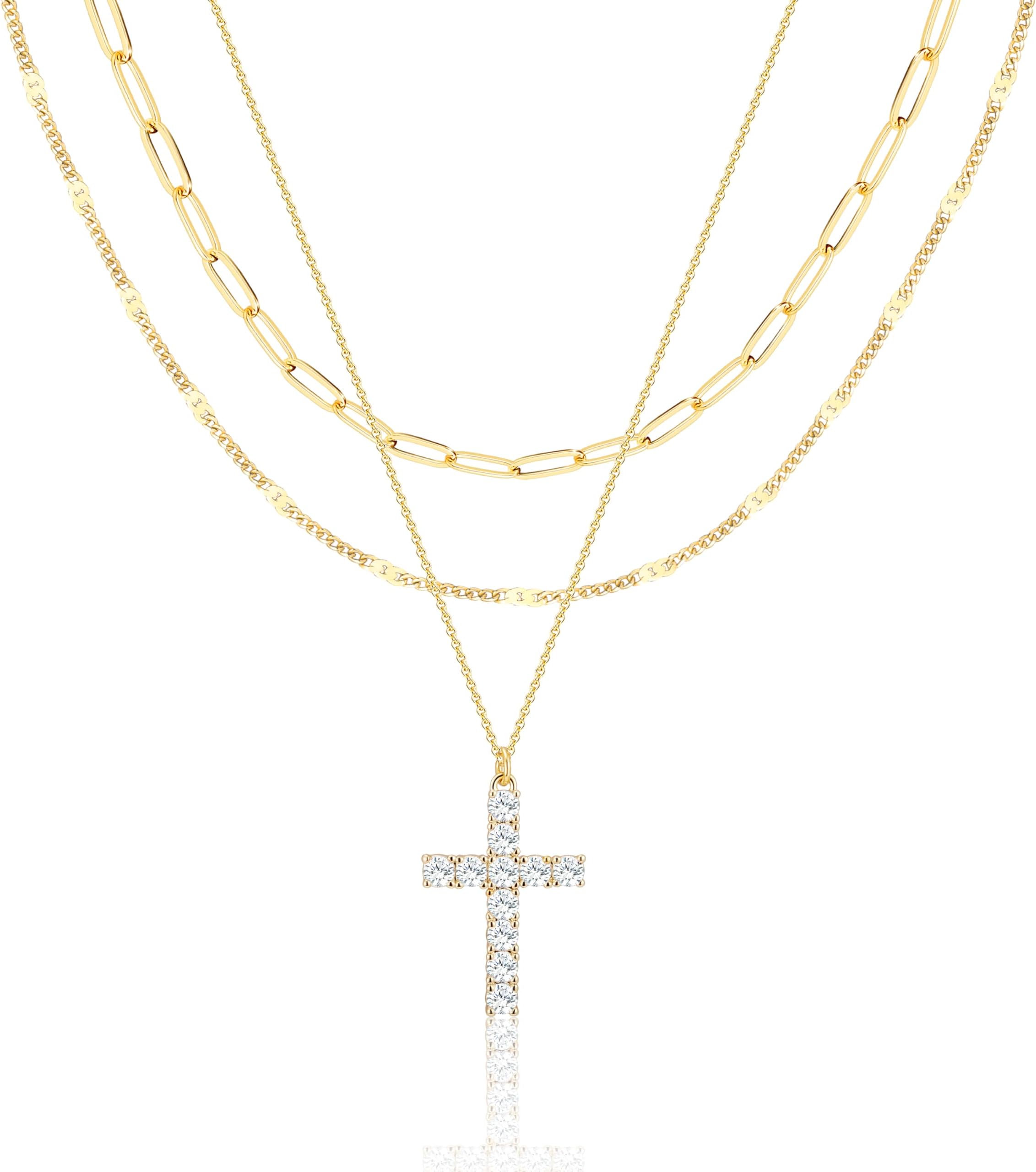 Layered Gold Necklaces for Women, Stackable Dainty 14K Gold Silver Plated Trendy Simple Heart Diamond Cross Bow Circle Pendant Paperclip Choker Dot Chain Necklace,Jewelry Set Gifts for Women