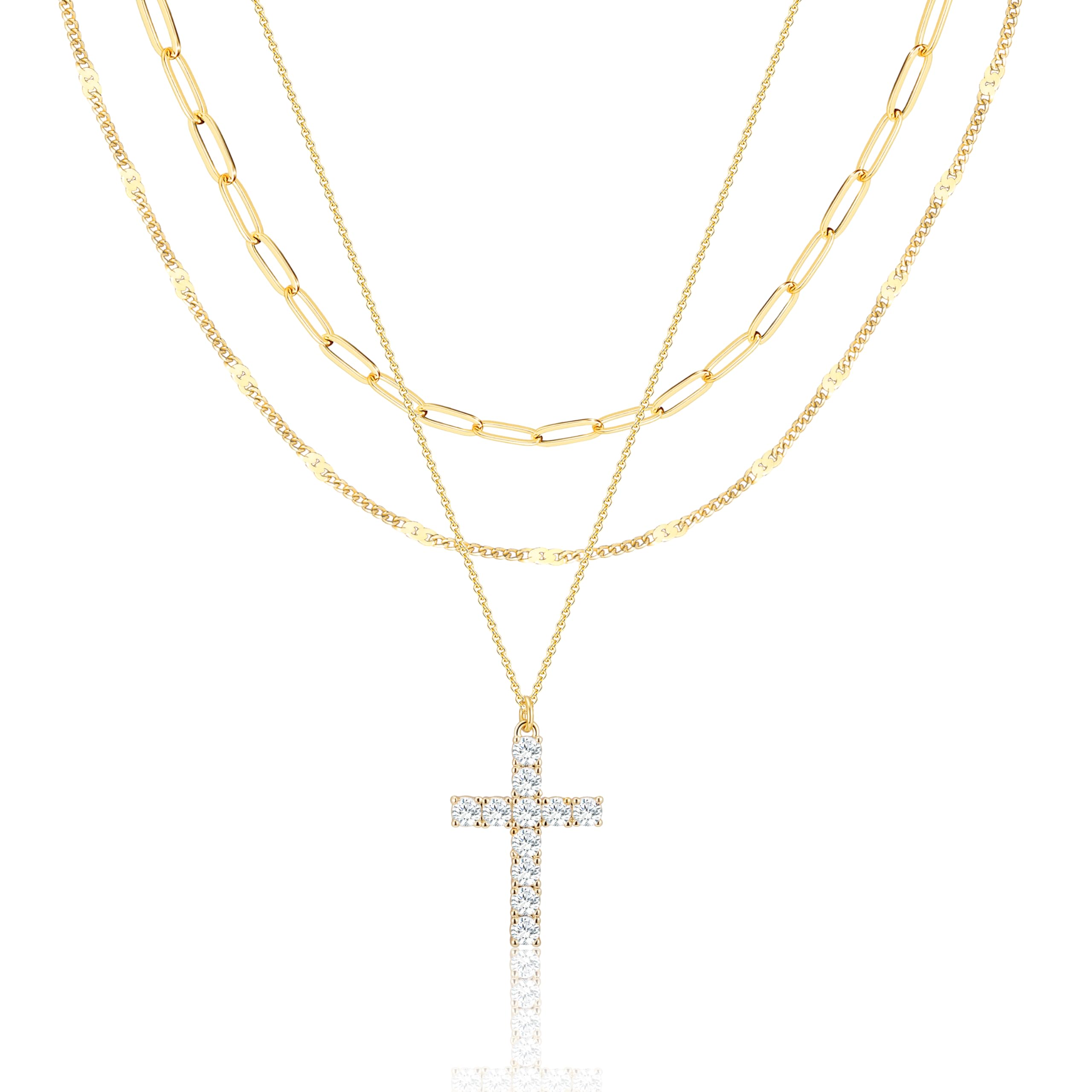 Layered Gold Necklaces for Women, Stackable Dainty 14K Gold Silver Plated Trendy Simple Heart Diamond Cross Bow Circle Pendant Paperclip Choker Dot Chain Necklace,Jewelry Set Gifts for Women