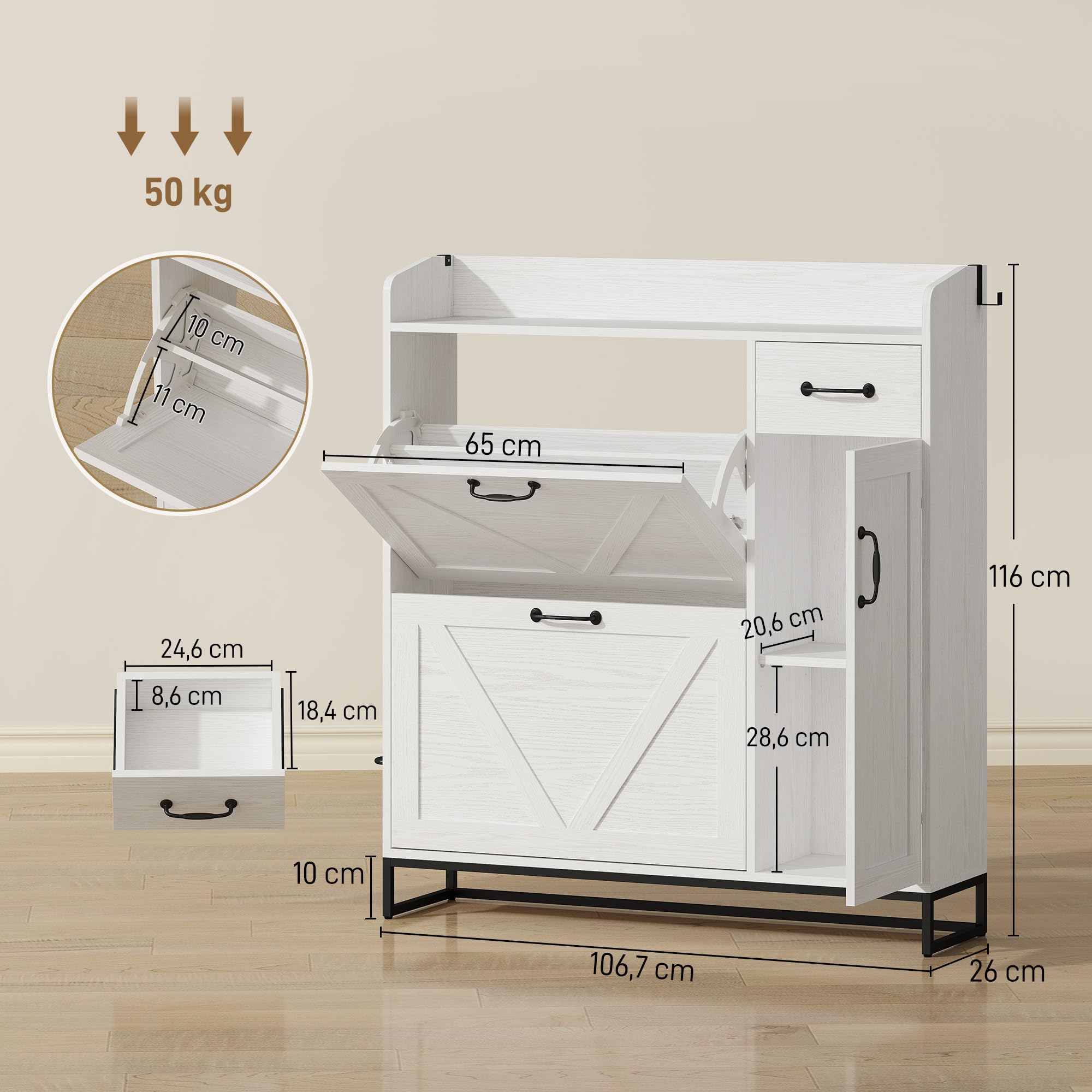 HOMCOM Zapatero Estrecho con 2 Cajones Abatibles 106,7x26x116 cm Blanco | Zapatero Entrada Recibidor Rústico, con Cajón y Estantes Ajustables, para 12 Pares de Zapatos, Espacio Reducido