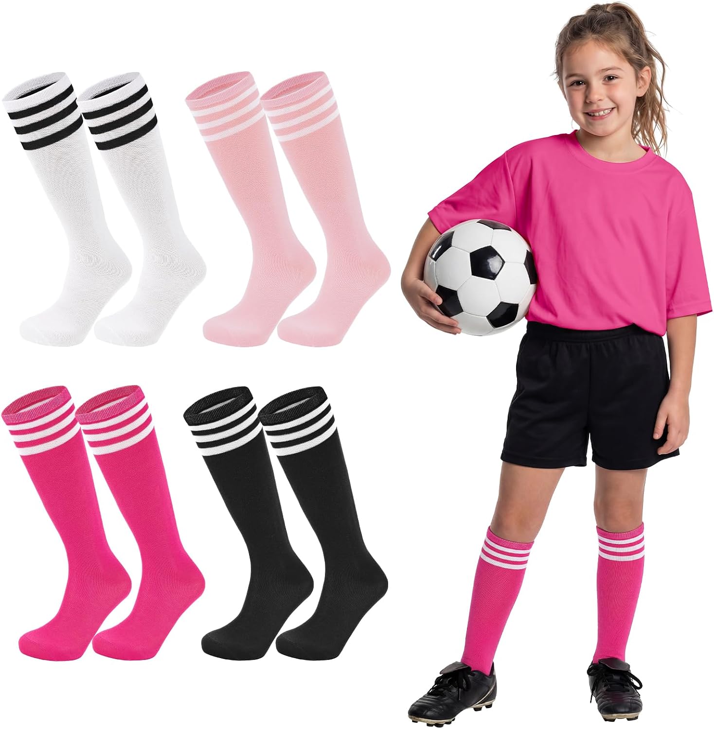 American Trends 4 Pairs Kids Soccer Baseball Socks Youth Boys Girls Long Striped Socks with Soccer Gifts