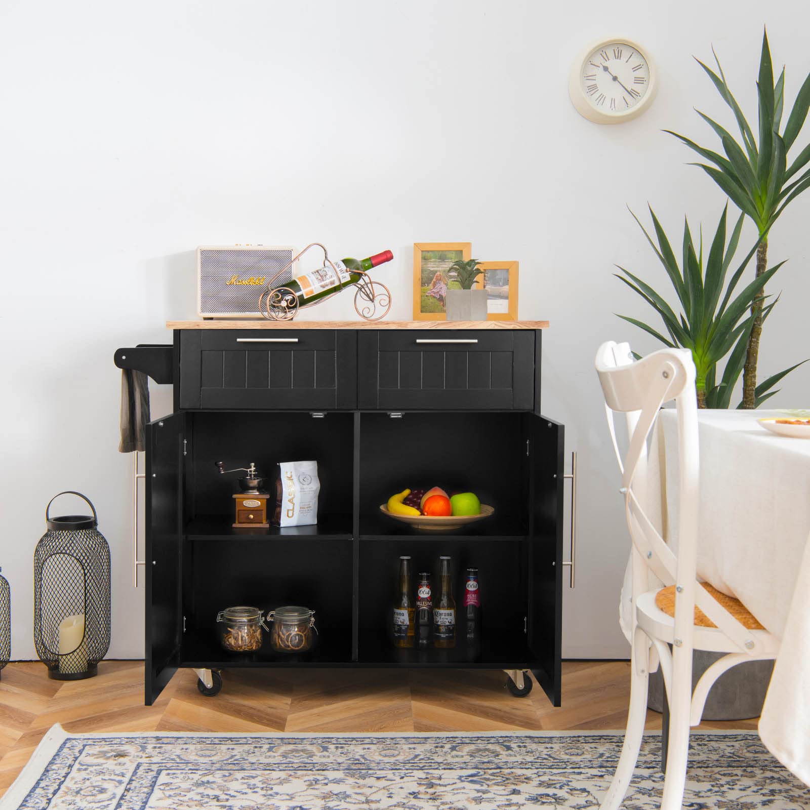 COSTWAY Dessertes Îlot Central Cuisine avec Table 4 Roues Universelles Porte-Serviettes, Desserte avec 2 Tiroirs et Grand Placard de Rangement Épices, 94x41x94cm (Noir)