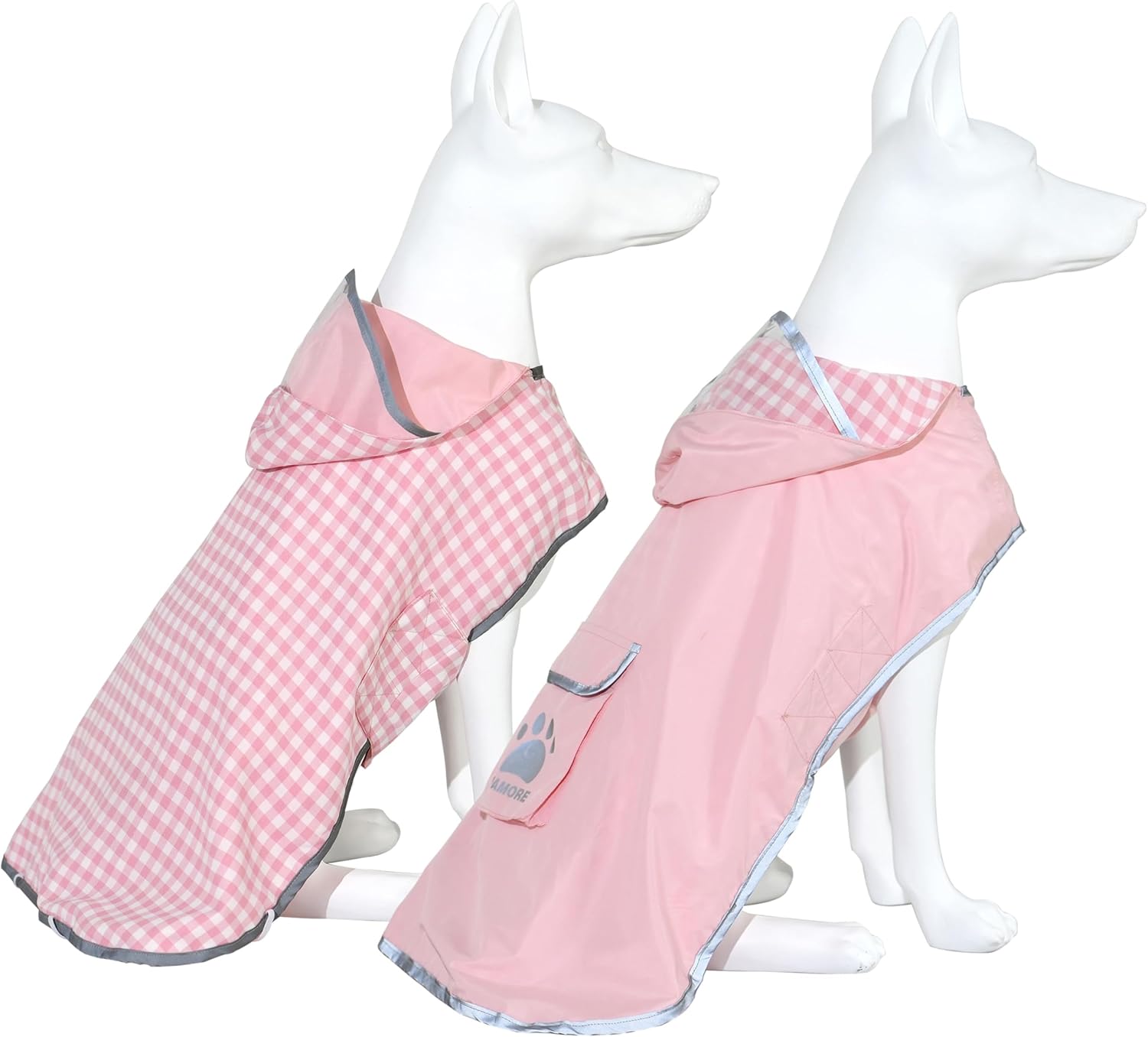 MAMORE Dog Raincoat Reversible,Waterproof Dog Rain Coat Hooded Slicker Poncho with Reflective Strip, Plaid Double Layer Rain Jacket for Small Medium Large Dogs (Pink, Large(22-37lb))