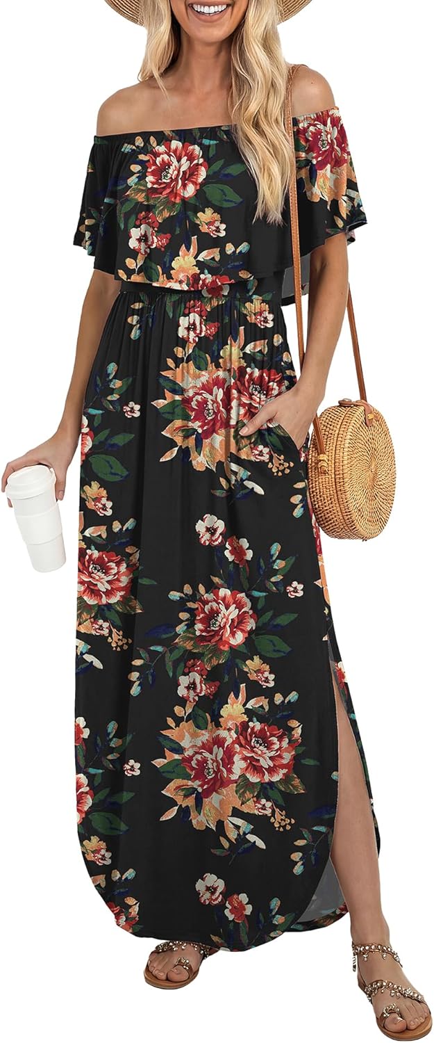 LILBETTER Womens Off The Shoulder Ruffle Party Dresses Side Split Beach Maxi Dress