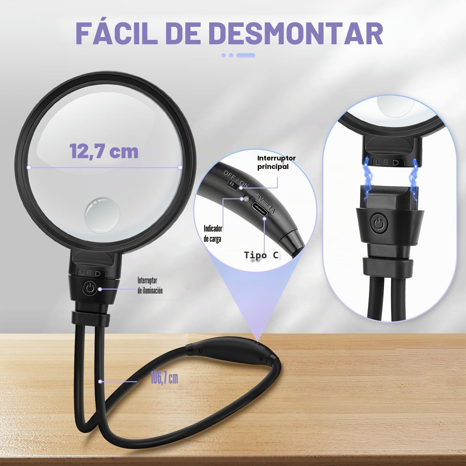 NZQXJXZ 10X Lupa Manos Libres con Luz, Lupa con Luz Ajustable para Lectura Trabajo de Cerca, 3 Modos de Iluminación Cuello de Cisne Flexible Lupa HD Grande para Libros,Costura Mayores