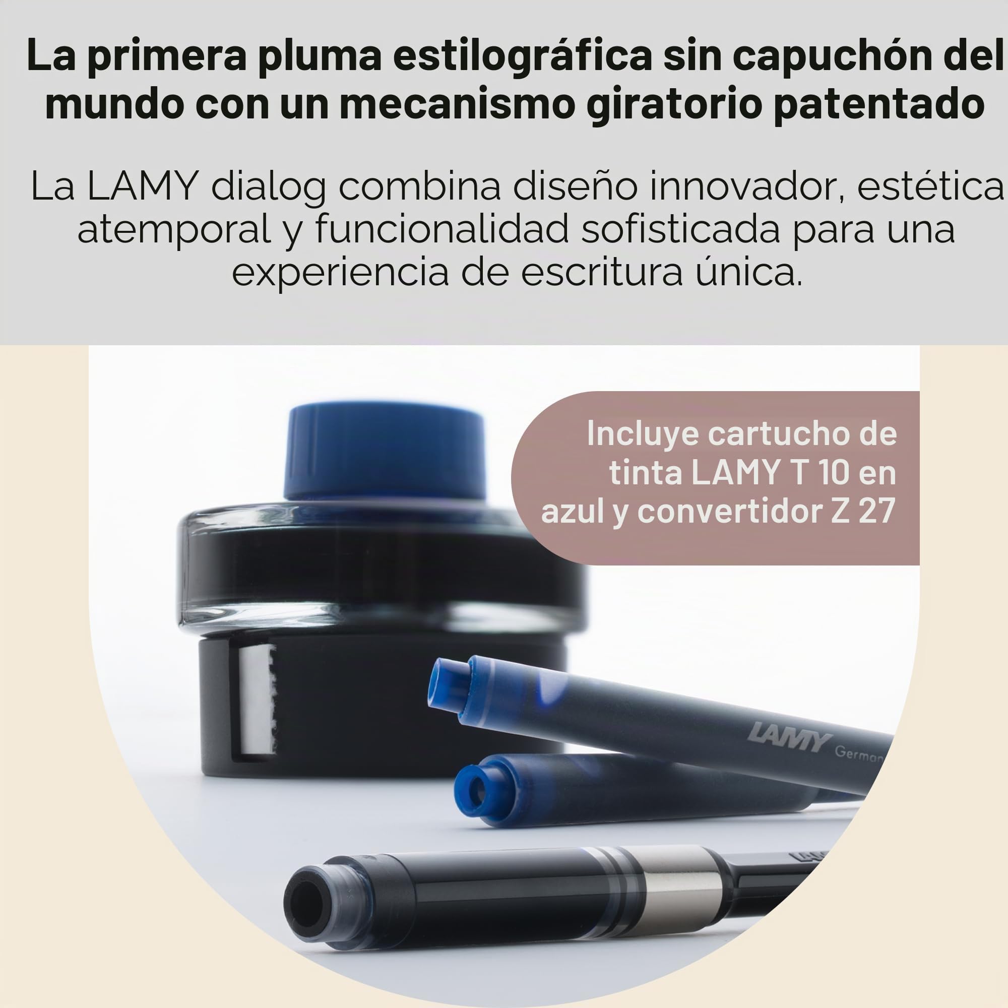 Lamy dialog cc blue –pluma estilográfica sin cap. con mec. giratorio –plumín bicolor de oro de 14 ct, parc. chapado en platino y tamaño F –cartucho de tinta T 10 azul y conv. Z 27 –para diestros