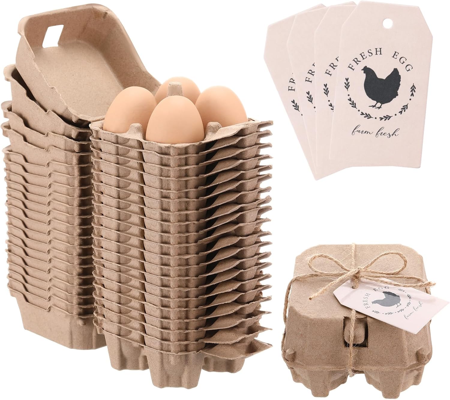 48 Pcs Half Dozen Egg Cartons Bulk Reusable Natural Pulp Paper Cardboard Egg Cartons with Labels Jute Ropes for Kitchen Easter Holiday Gifts Refrigeration Commercial Market Farm (4 Count)