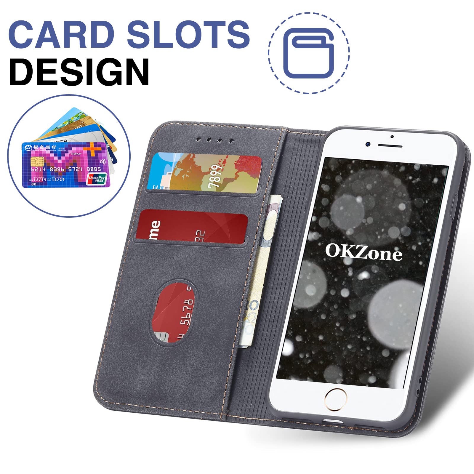 BoxTii Cover per iPhone SE 2020 / iPhone 8 / iPhone 7, Custodia in PU Pelle Portafoglio per iPhone SE 2020 / iPhone 8 / iPhone 7, Magnetica Cover a Libro con Slot per Schede, Nero