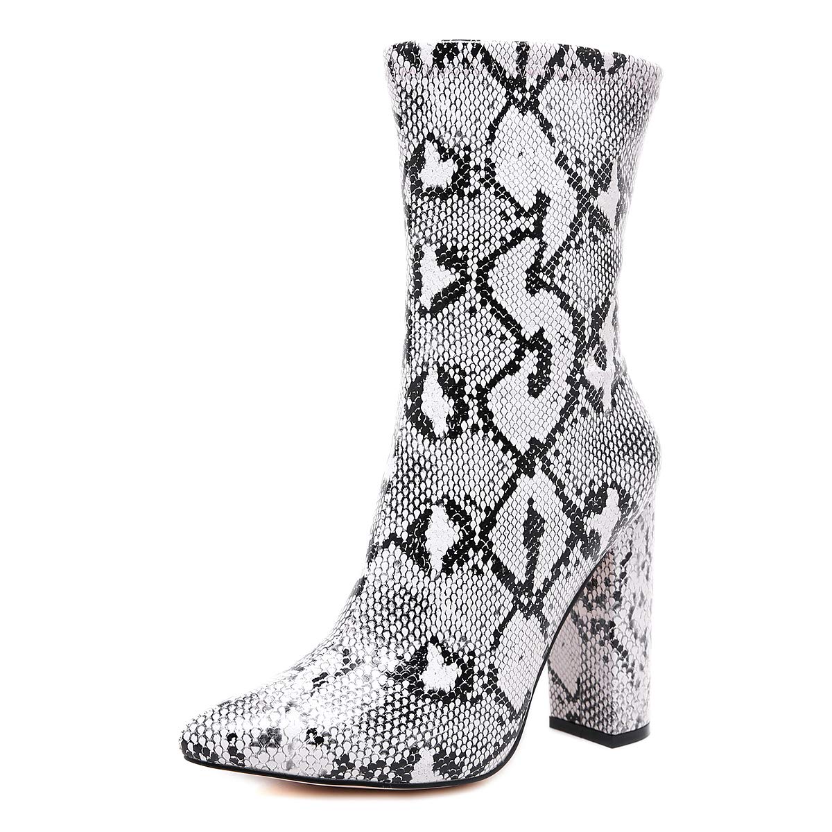 Stupmarty Women's Boots Pointed Toe Winter Ankle Bootie Snake Print Block Heels