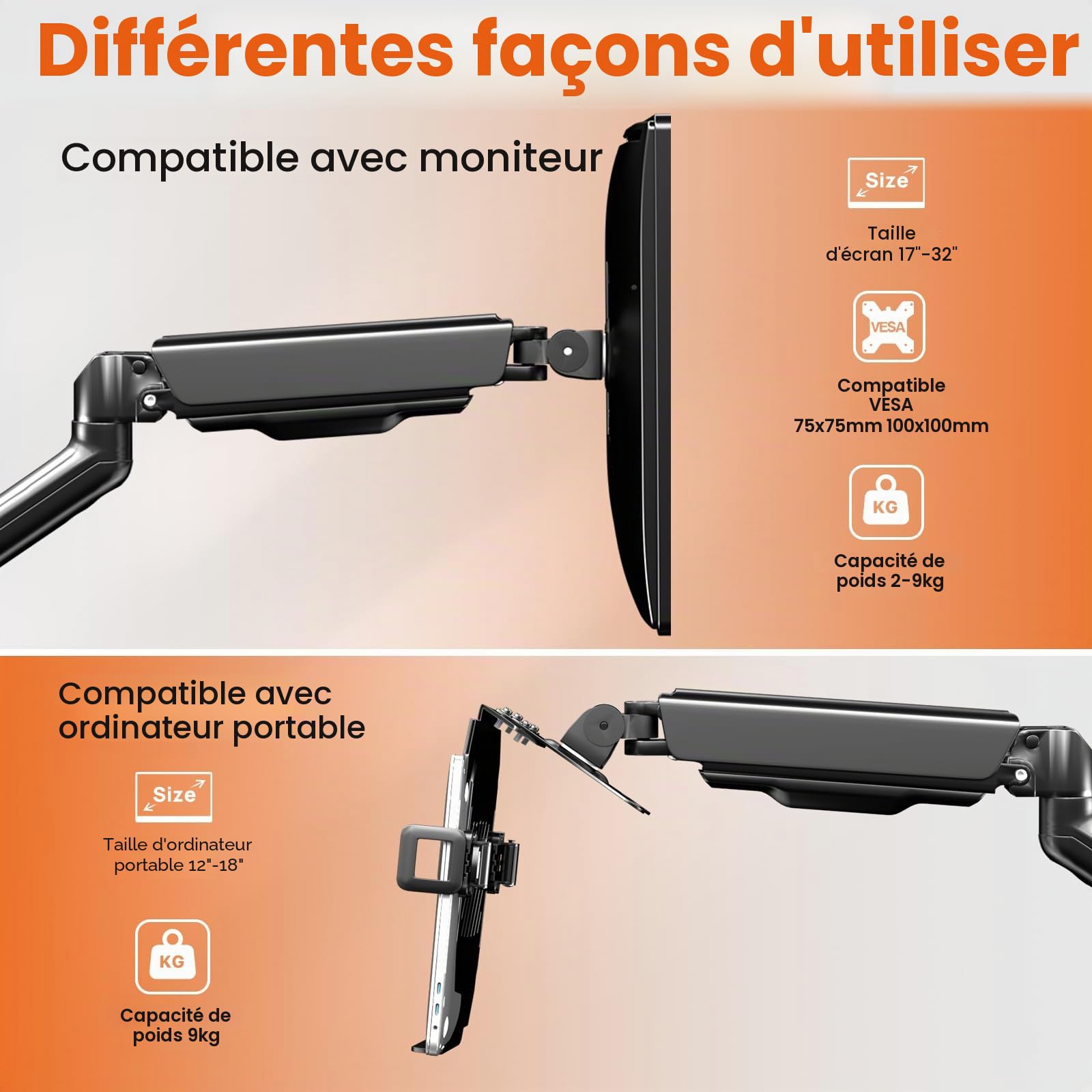 Support Mural avec Plateau Ventilé pour Ordinateur Portable 12"-17",Réglable en Hauteur Bras de Ecran PC,Plateforme de Refroidissement Ventilée,Gestion des Câbles,Capacité de Charge:9KG,VESA 75/100mm