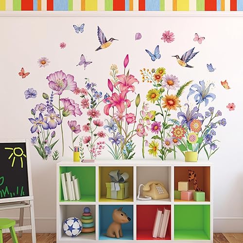 Miniatura 5 de Calcomanías de pared de flores coloridas, calcomanías de pared florales extraíbles, vinilo autoadhesivo, mural de pared de tinta, estilo de pintura,