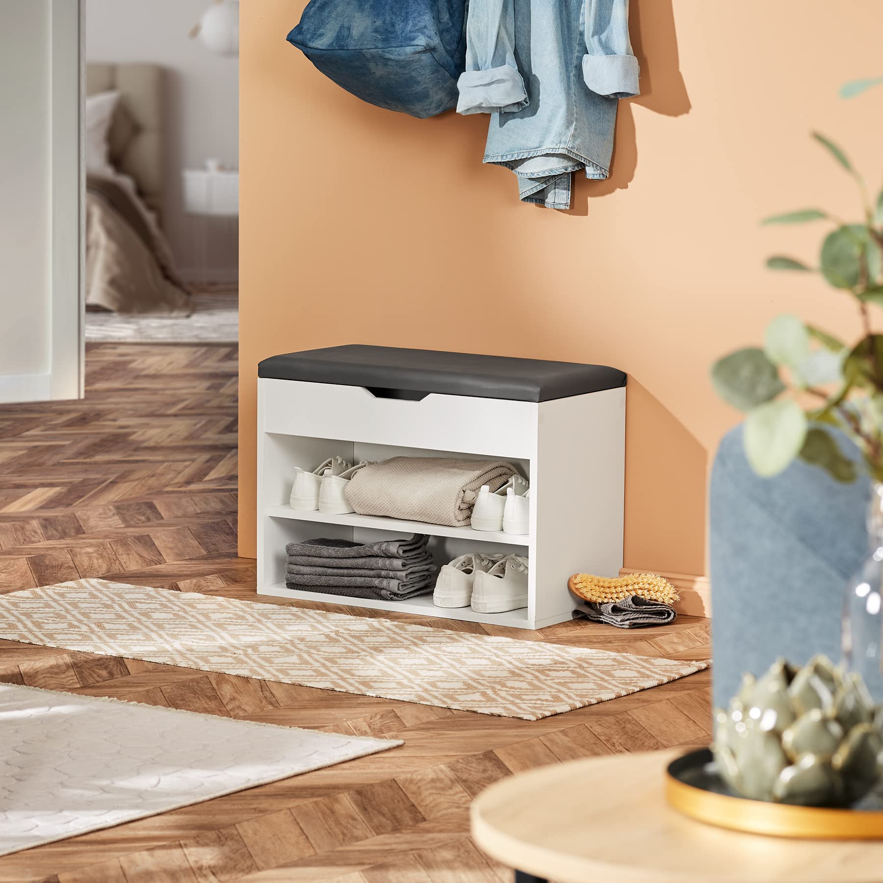 tectake® Zapatero Madera con Cojín Extraíble, Estanteria Zapatero Ajustable, Mueble Entrada Recibidor, Organizador Zapatos, Banco para Guardar Zapatos - Madera Clara, Roble Sonoma