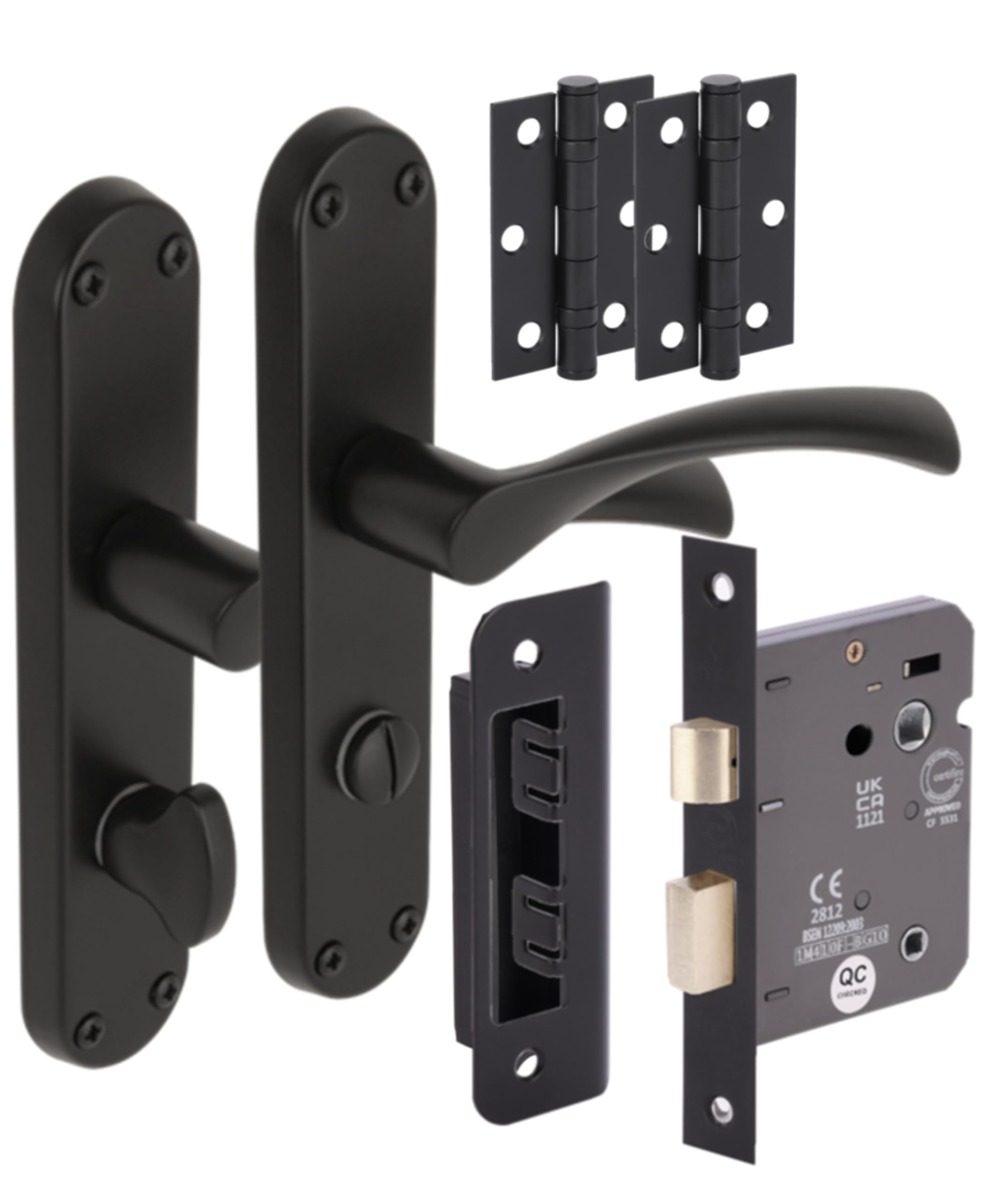Hunta Black Matt Handlezone® Lobo Door Handles On Backplate Bathroom Lock Pack With 75Mm Ball Bearing Hinges And 76Mm Lock