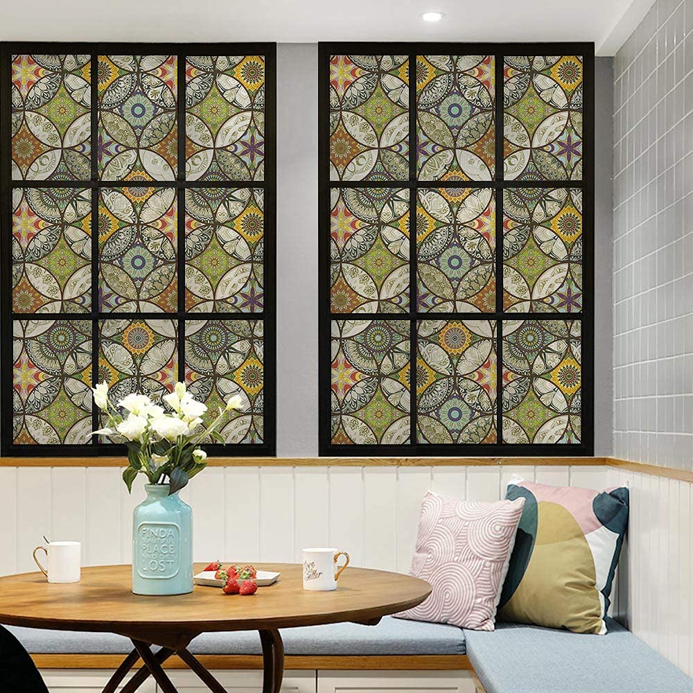 dktie Película decorativa para ventana, pintura sobre vidrio, estática, adhesiva, vidrio esmerilado, motivos de círculos, protege la privacidad, autoadhesiva para ventana (Amarillo, 90 x 300 cm)