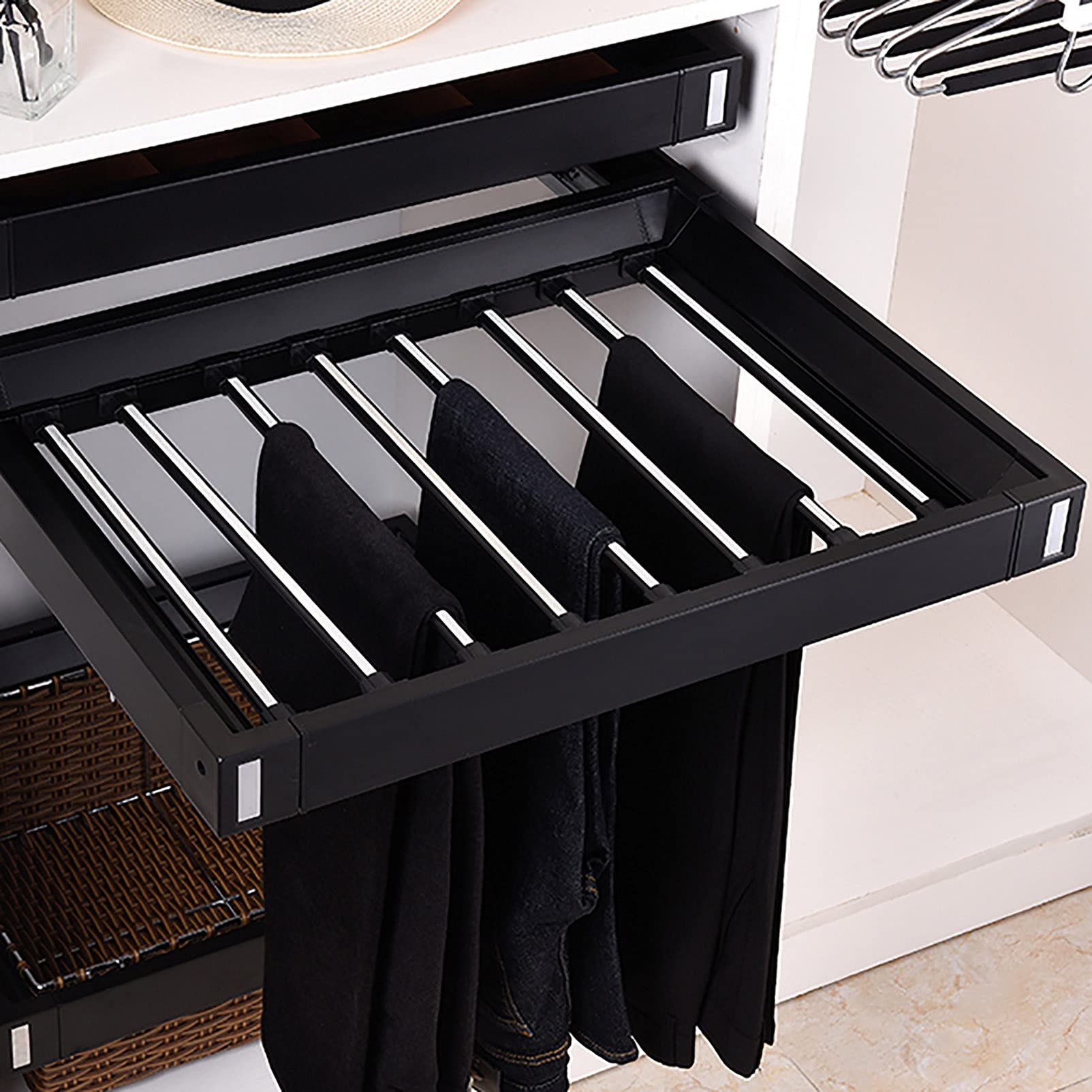 SWENEEN Pull Out Pants Rack,Cabinet Organizers Pants Rack Pant Hanger,For Closet Organizer For Clothing,Scarves,Neckties And Pants,Black-60-85cm