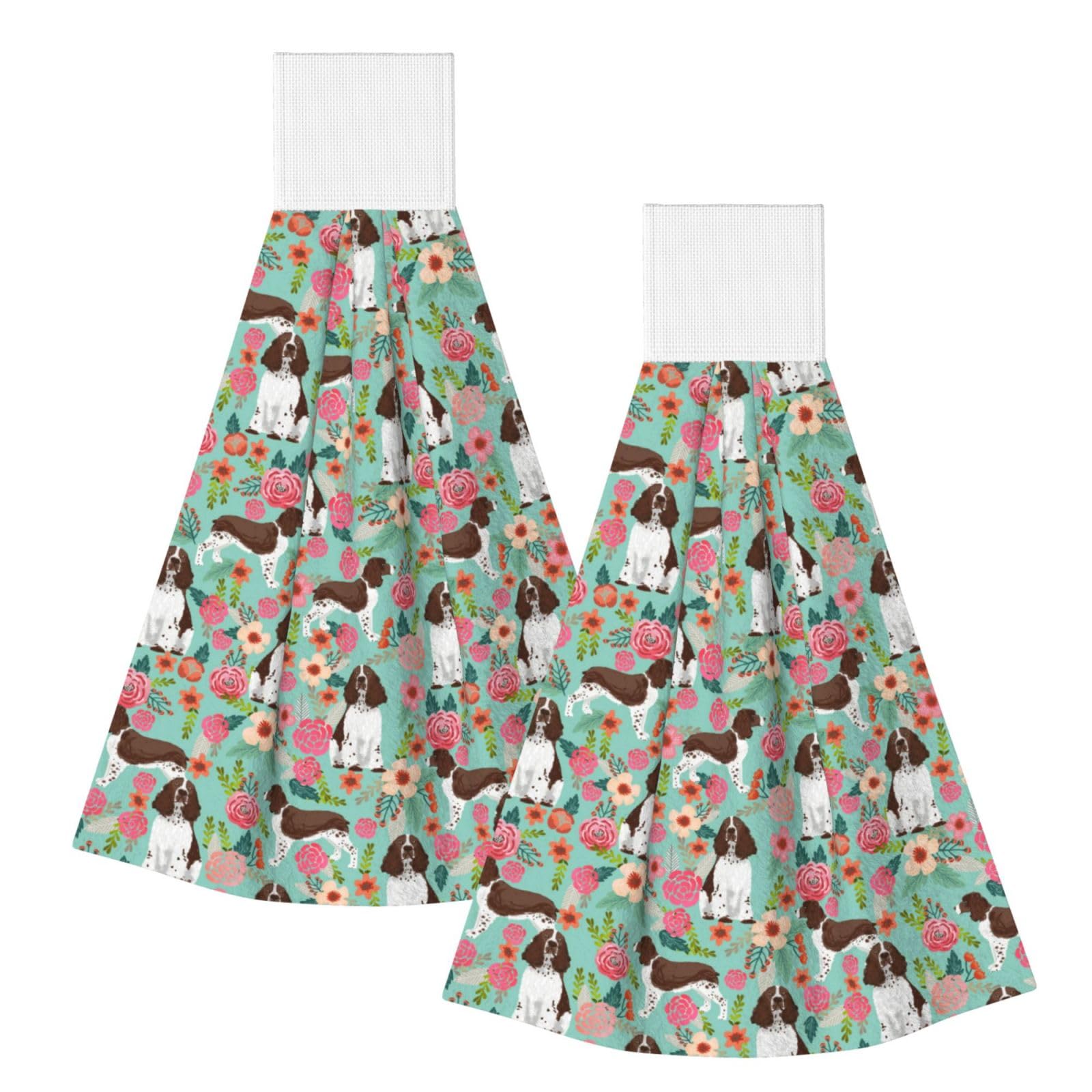 DOPKLNA Springer Spaniel Dog Floral, 2 Pcs Hanging Coral Fiber Hand Towels for Bathroom, Absorbent Kitchen Towels