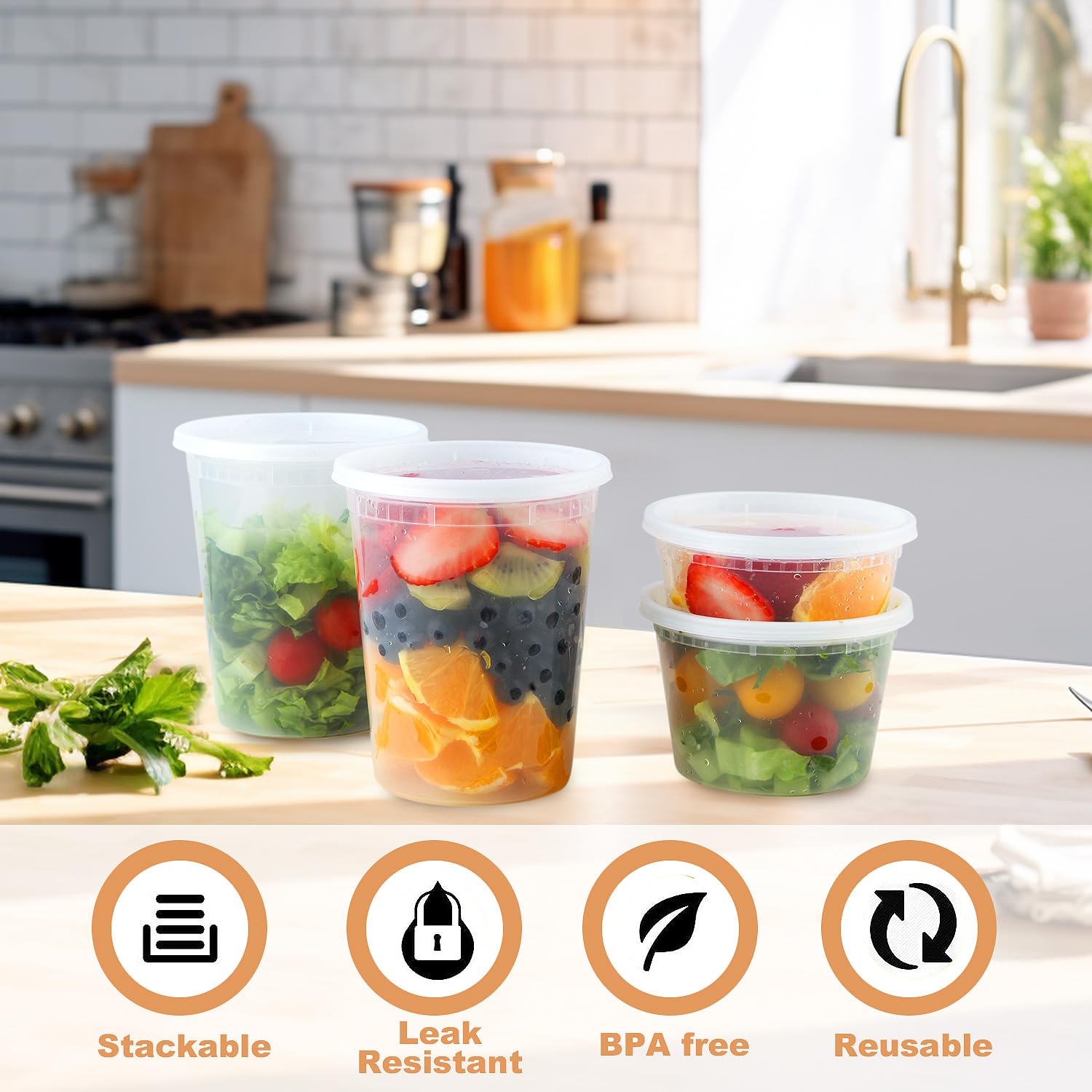 Contenedores de delicatessen con tapas, 48 juegos de 8,462.7 g, 16 cada uno, sin BPA, aptos para microondas, lavavajillas, congelador, recipientes de sopa para llevar con tapas, recipientes de