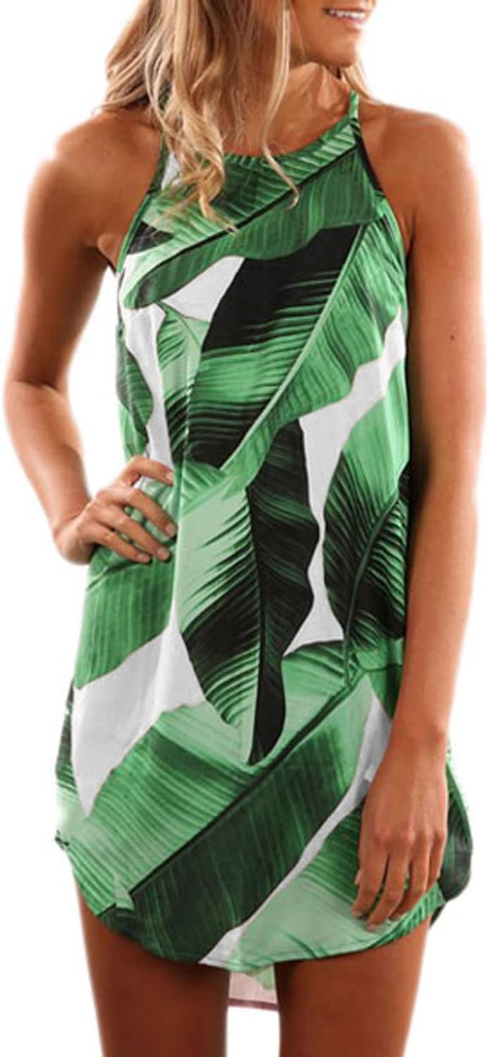 Womens Casual Halter Floral Short Dress Summer Shift Mini Dress Beach Sundresses
