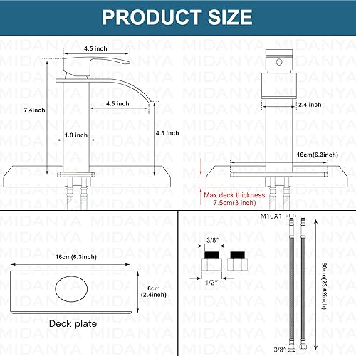 Miniatura 6 de Midanya Grifo de lavabo de montaje en cubierta de un solo agujero, grifo de lavabo de baño en cascada, grifo de baño de cascada de oro pulido, grifo