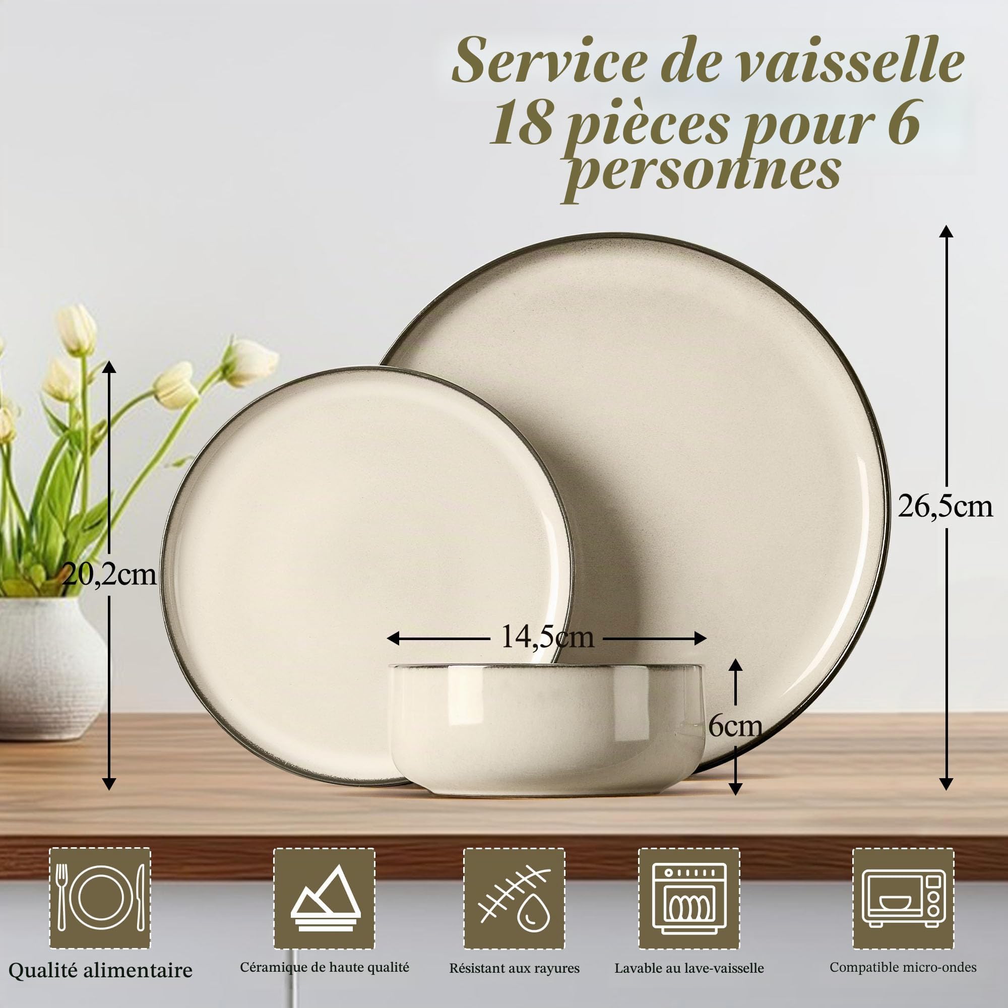 Joyfair Service de table pour 6 personnes, 18 pièces, en grès résistant, rayures, assiettes plates, dessert, bols céréales, micro-ondes, lave-vaisselle, kaki récif