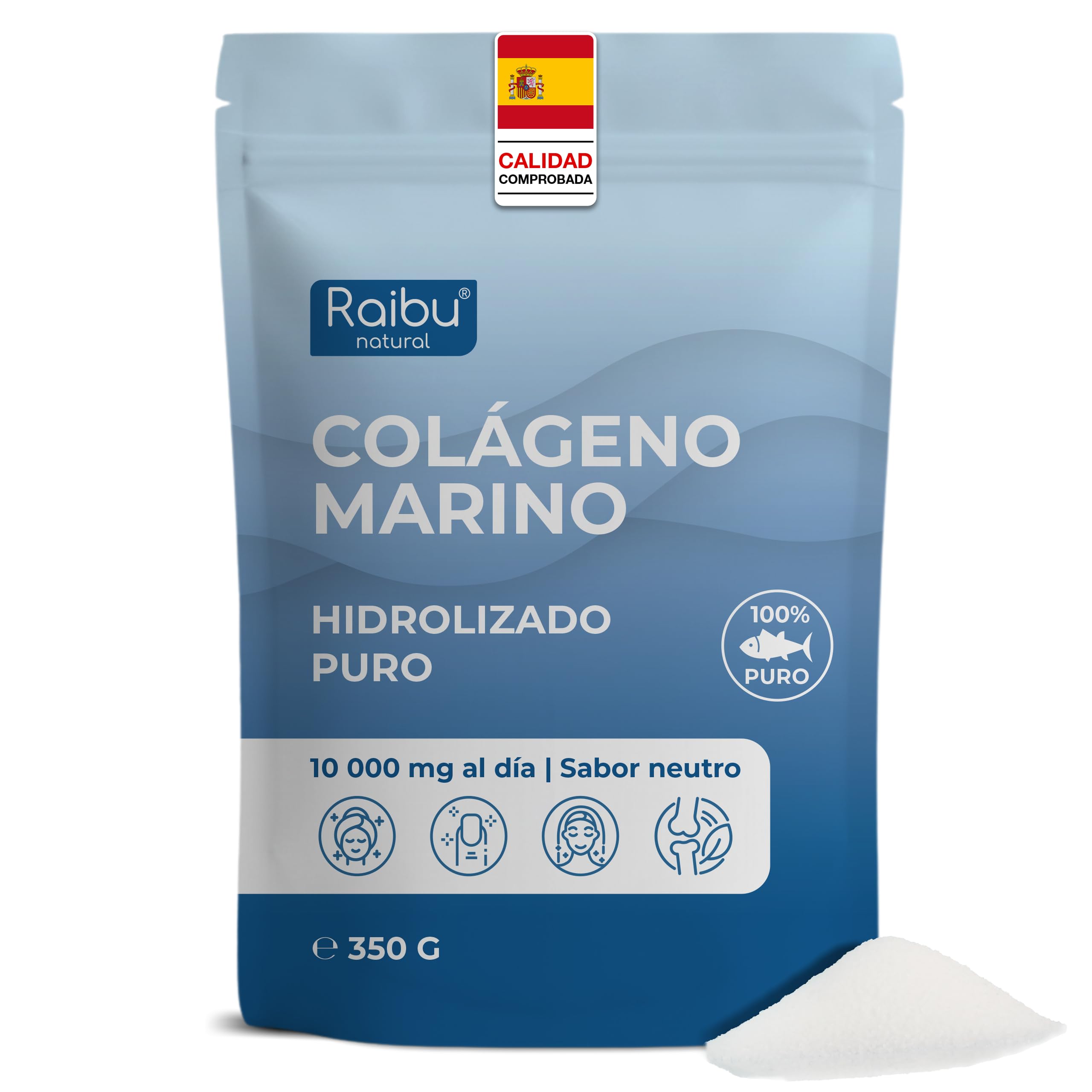 Colágeno Marino en Polvo - 100% Puro, 10.000 mg de Péptidos de Colágeno Hidrolizado Tipo I - Suplemento para la Piel, el Cabello y las Uñas - Sin Sabor, Sin Gluten, Sin Azúcares