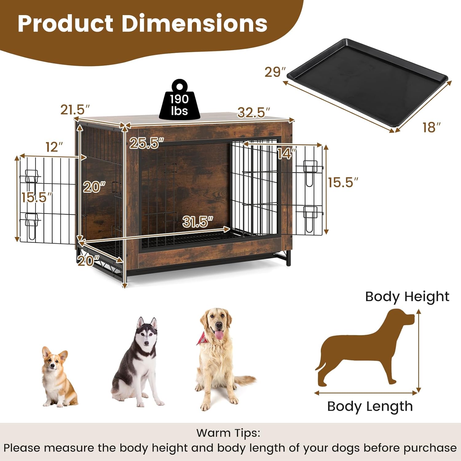 PETSITE Industrial Dog Crate Furniture with Removable Tray, Wooden Dog Crate with Double Doors, Dog Furniture End Table, Dog Kennel Indoor for Small or Medium Dogs, Rustic Brown (32.5 x 21.5 x 25.5)