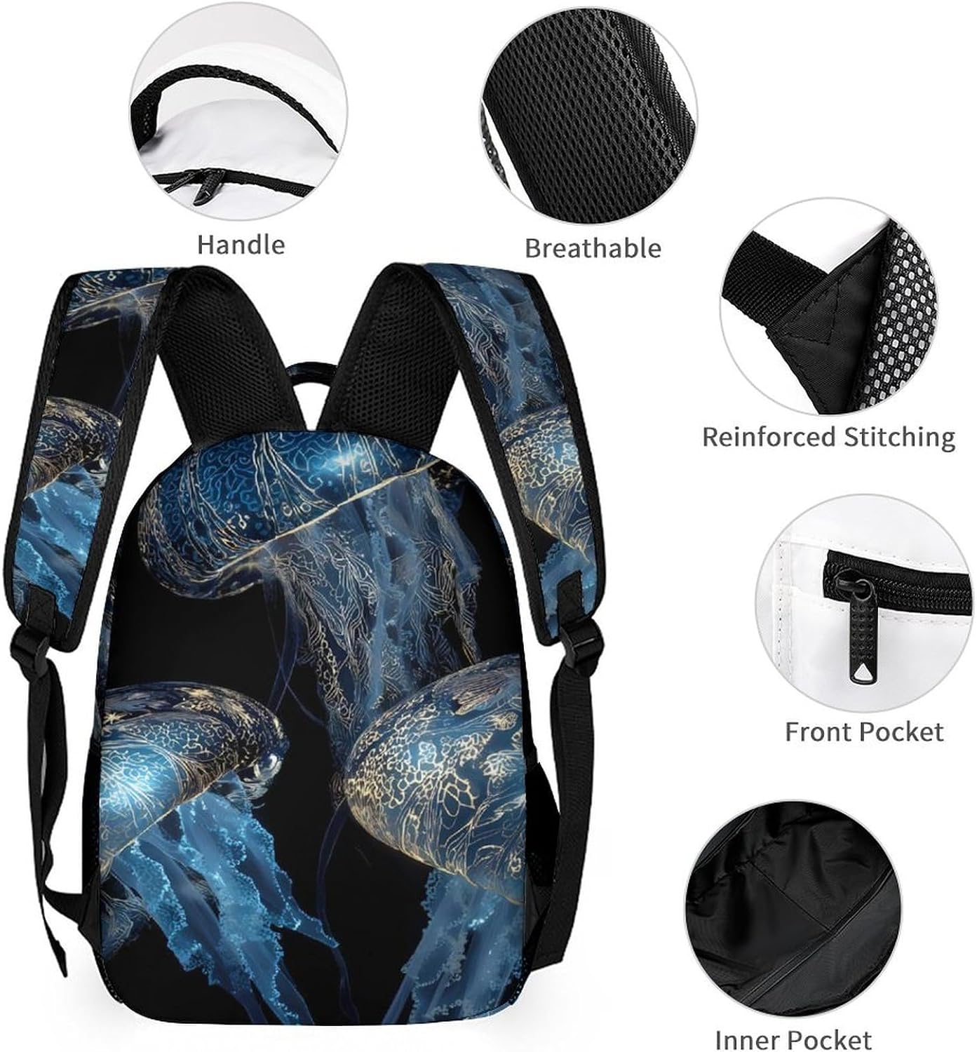 Jellyfish Luxury Vintage Funny Backpack Set Lunch Bag Makeup Bag 3 in 1 image 3