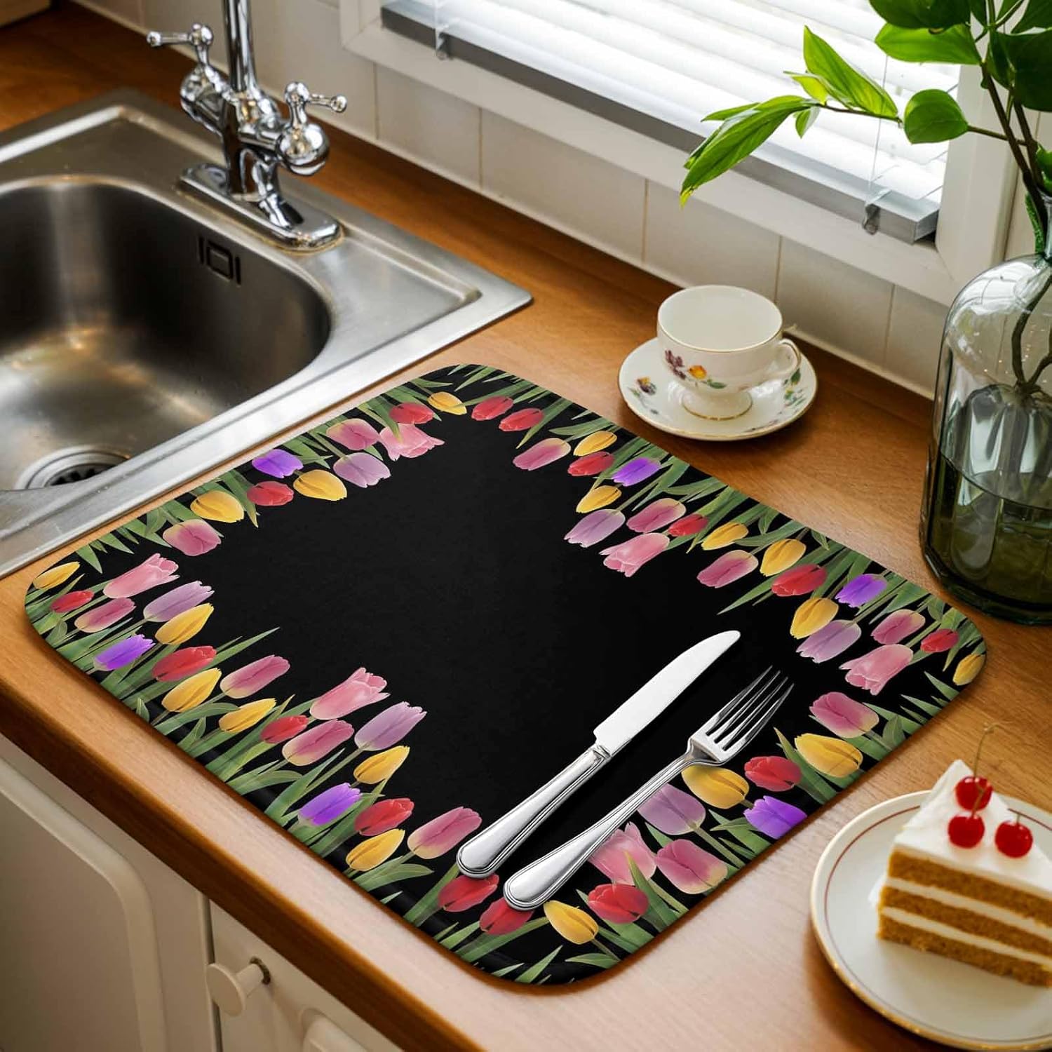 Easter Tulips Dish Drying Mat for Kitchen Counter Colorful Flowers Leaves Plant Black Background Super Absorbent Microfiber Coffee Bar Mat Washable Dish Drainer Rack Mat, 2 Pack, 16" x 18"