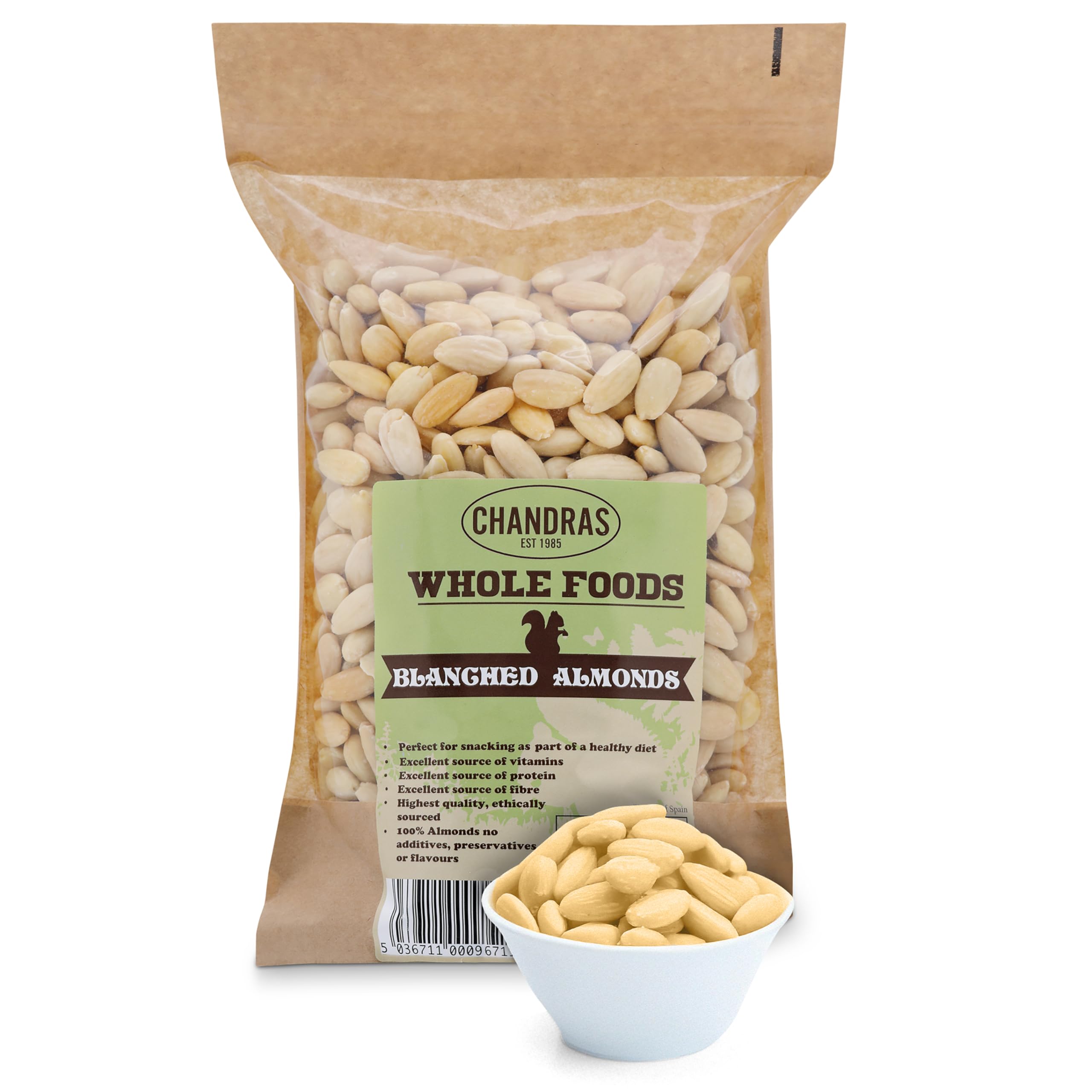 Chandra Whole Foods - Blanched Almonds 1KG - Low-GI Unsalted Almonds for Snacking, Smoothies, Baking & Cooking - Gluten-Free, Keto & Vegan-Friendly Nuts, Rich in Protein & Vitamins & Fibre