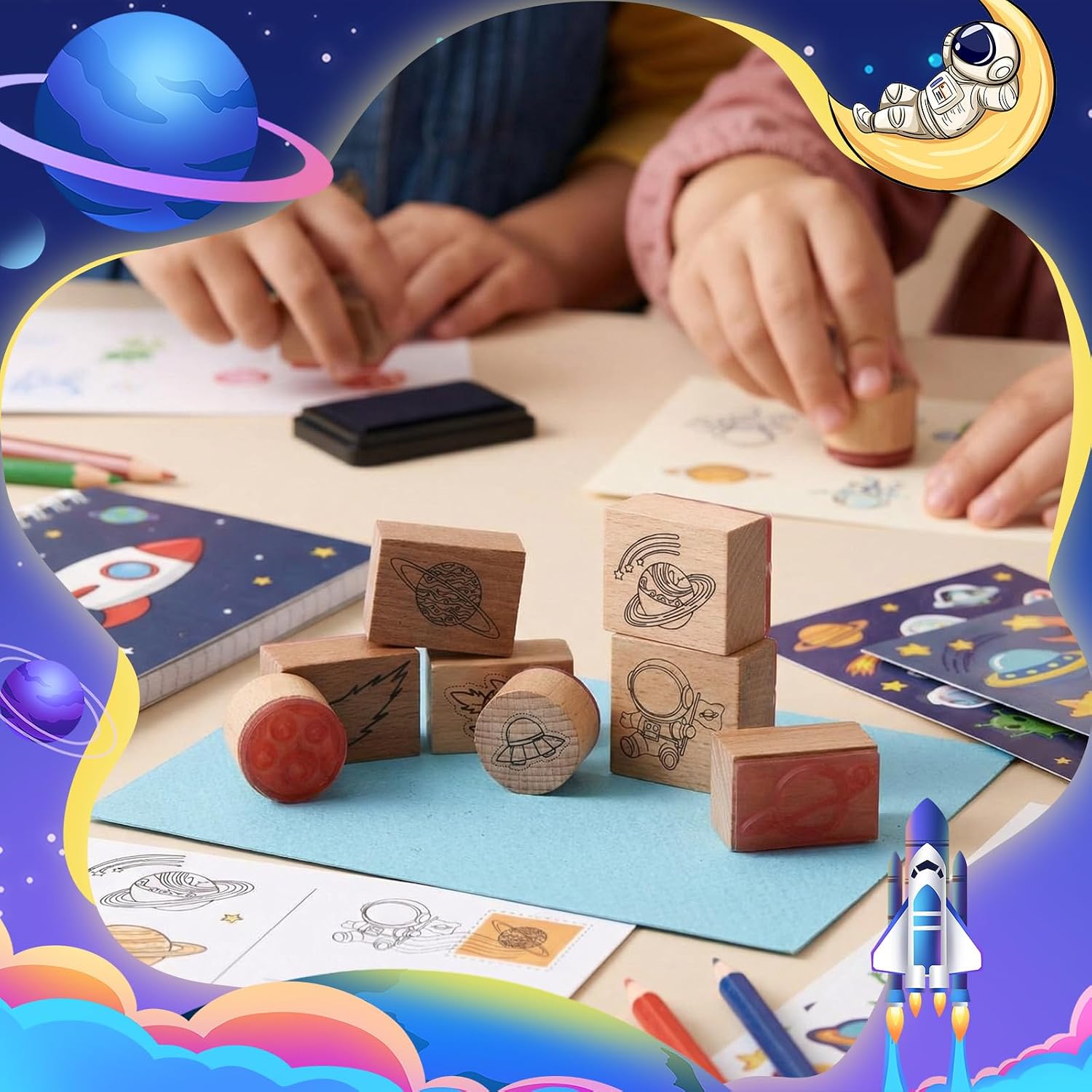 Supervitae 8 Pcs Space Stamps Set Wooden Space Rubber Stamps for Card Making Wood Galaxy Spaceship Astronaut Rocket Universe Designs for Art Crafting DIY Scrapbooking Hand Book Journaling