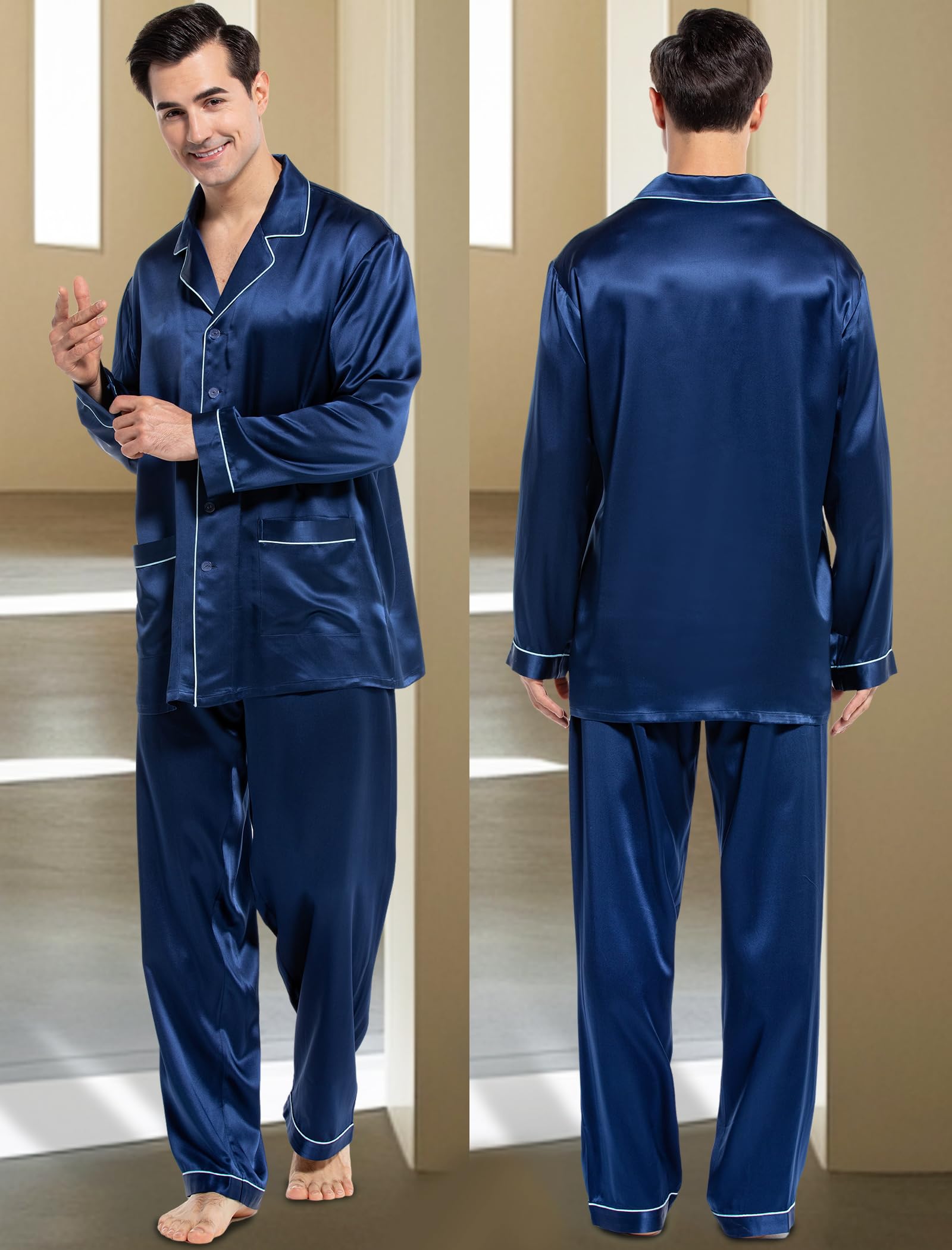 Cold POSH Men's Silk Pajamas Set Long Sleeve 2PC Luxury Silk Sleepwear Button-Down PJ Set