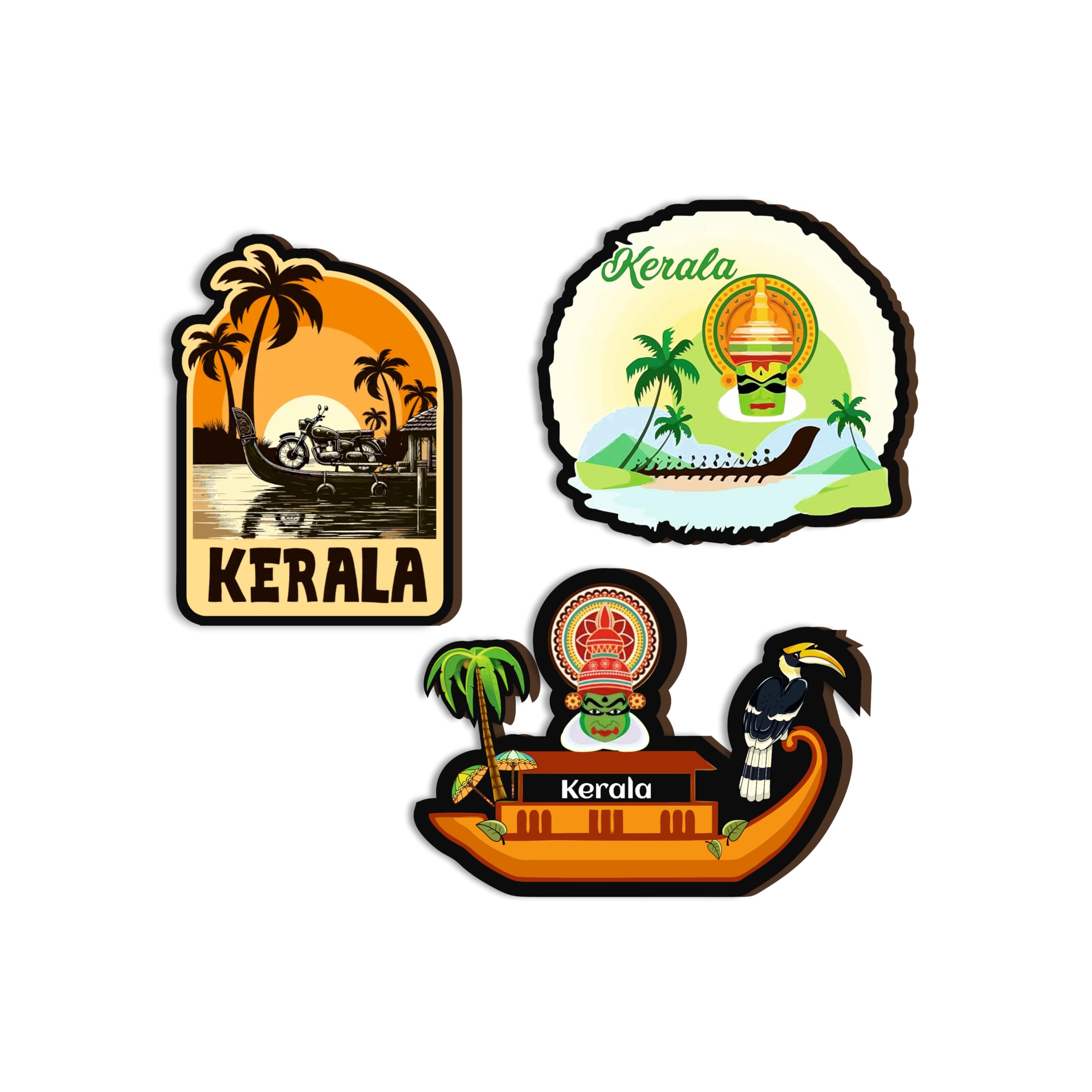 Kerala Fridge Magnets- Set of 3 | Travel Souvenir | Refrigerator Magnet | Gifts | Decorative Items for Kitchen Fridge Magnets Set | Multicolor (FM_84)