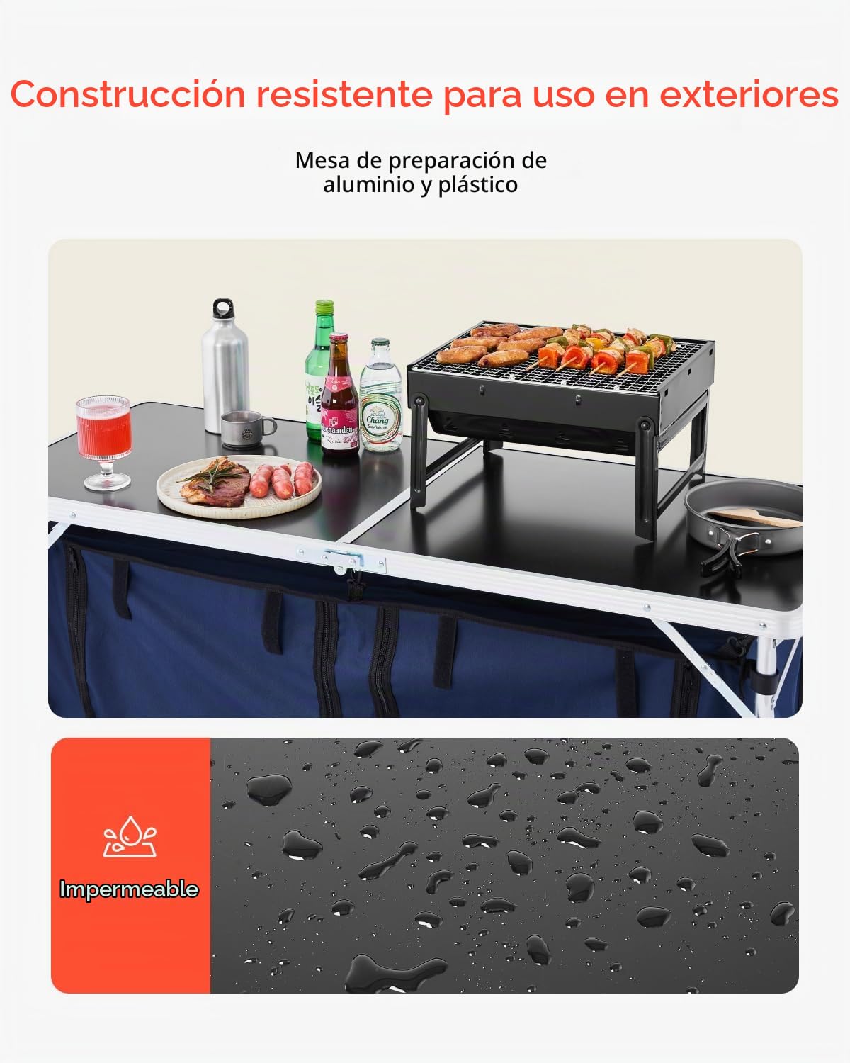 VEVOR Mesa de Cocina Plegable para Exteriores, Altura en 3 Niveles, Estación de Cocina Portátil Liviana Aluminio con Organizador de Almacenamiento, Asa de Transporte, para Barbacoa, Fiesta, Azul