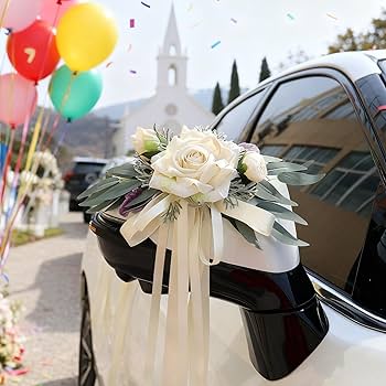 Allony Decorazioni Matrimonio per Auto, Addobbi per Auto Matrimonio, Viene Fornito con 9 Ventose Extra Forti, Sposi Rose Bianchi Nastro Tulle Lusso Romantiche per Festa di Nozze Auto Nuziale