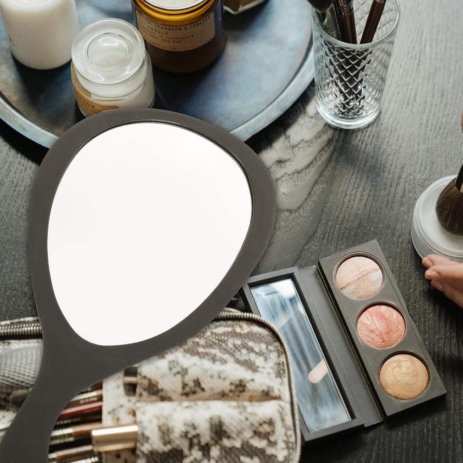 Beavorty Handheld Mirror Black Hand Mirror with Handle Teardrop Glass Mirror Professional Ergonomic Design for Makeup Hairstyling Touch Ups Grooming