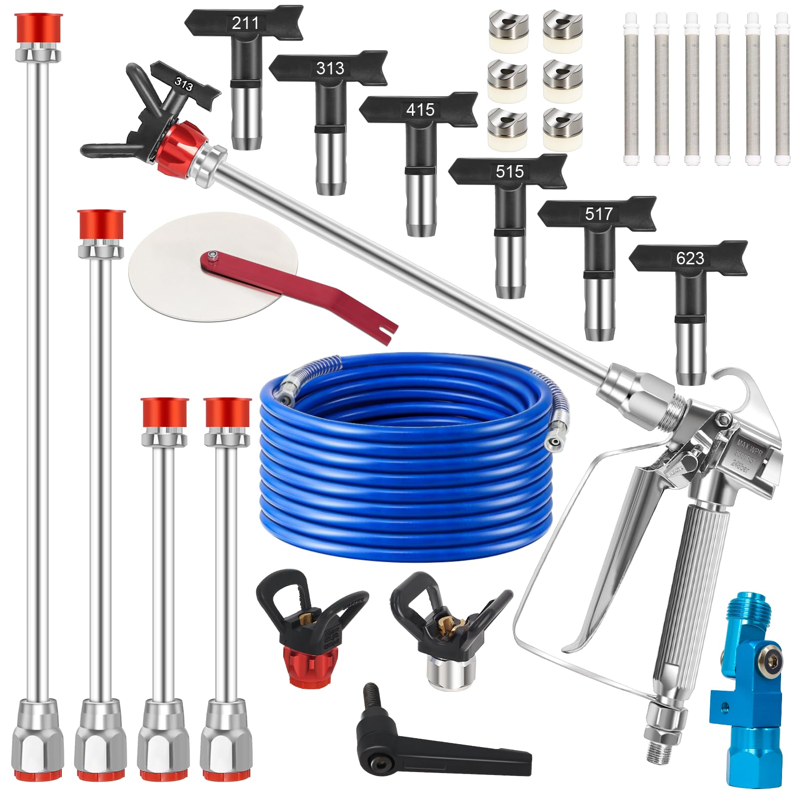 Juego de 22 pistolas de pulverización de pintura Airless 3600 PSI con manguera de alta presión de 15 m, pistola pulverizadora con 6 boquillas reversibles (211/313/415/515/517/623), varillas de