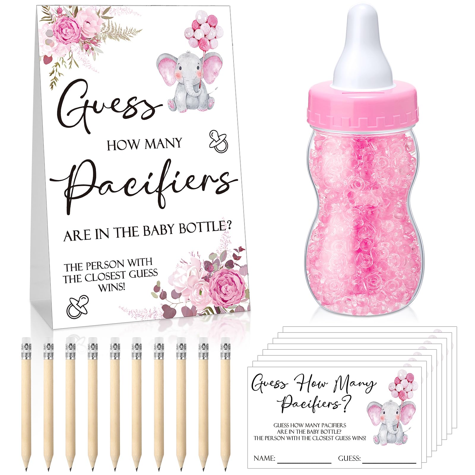 Roowest 512 Pcs Baby Shower Games Guess How Many Pacifiers Sign 100 Small Guessing Games 10 HB Pencils 750ml Milk Bottle 400 Acrylic Pacifiers