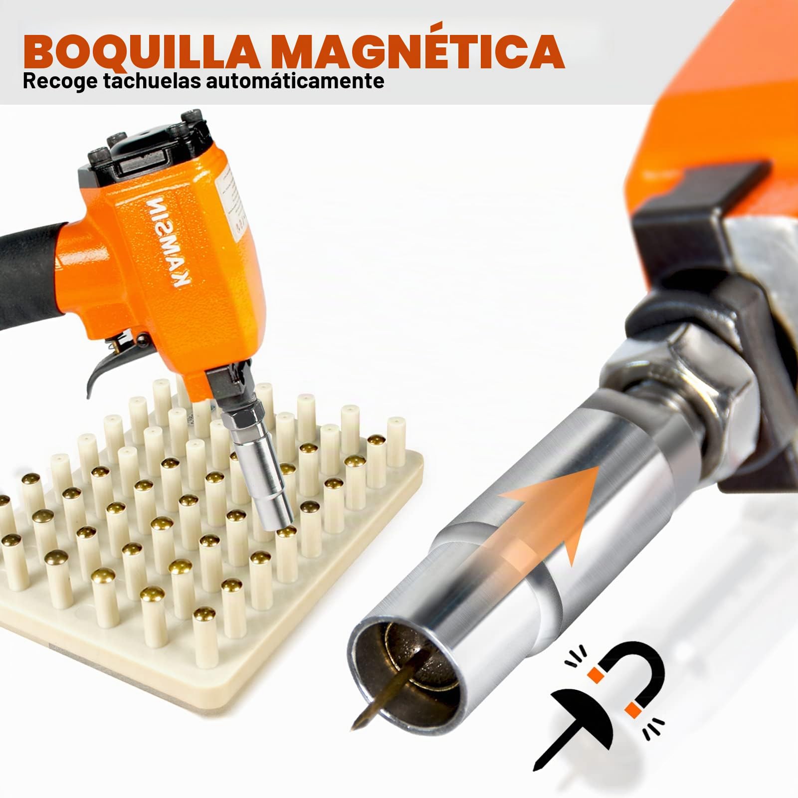 Kamsin 1170 Clavadora Neumática Decorativa con Tabla de Carga y Manguito por Defecto, Manguitos Reemplazables para Alfileres de Tapicería Tachuelas de Diferentes Tamaños, Clavadora Deco
